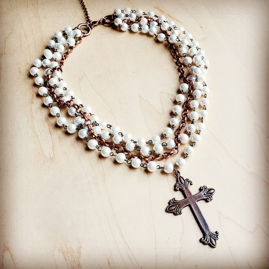 Pearl and Copper Beaded Collar Necklace with Copper Cross - The Jewelry Junkie