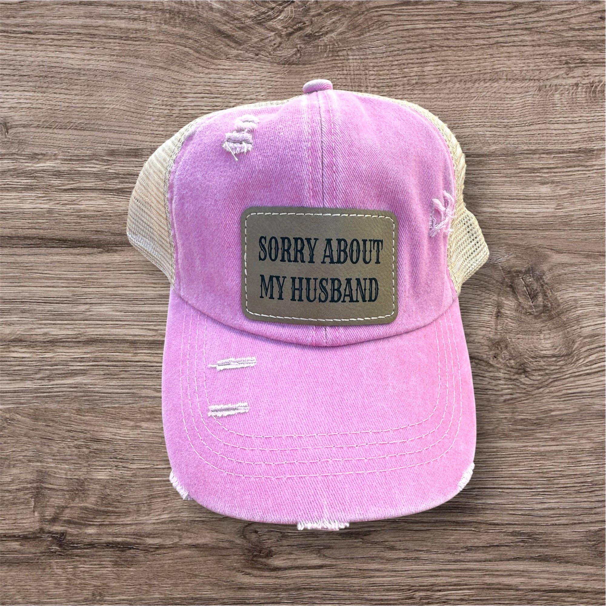 Engraved Sorry About My Husband Women's Ponytail Hat: White / Purple