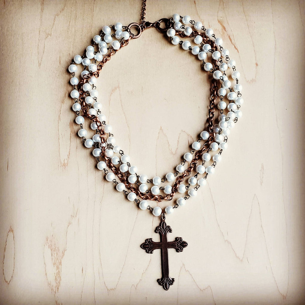 Pearl and Copper Beaded Collar Necklace with Copper Cross - The Jewelry Junkie