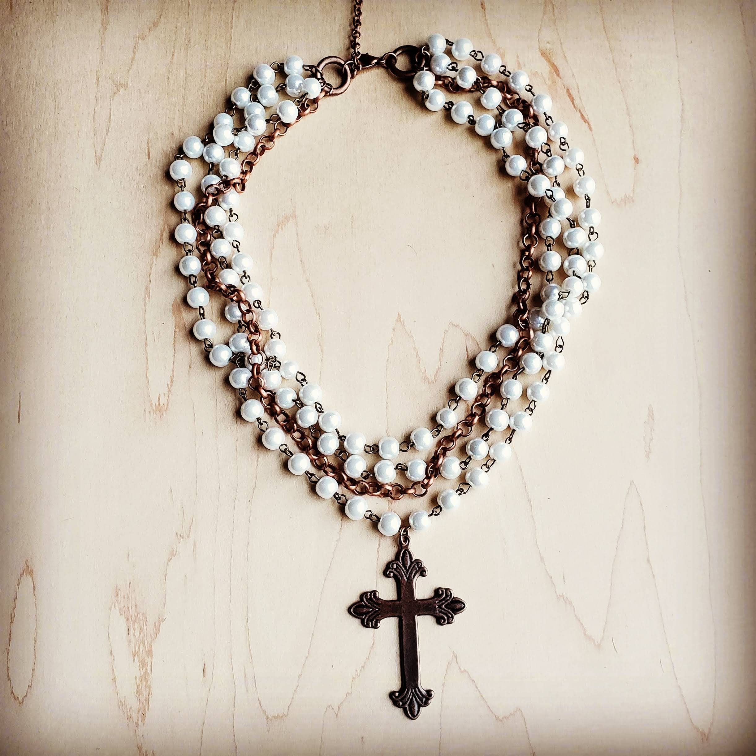 Pearl and Copper Beaded Collar Necklace with Copper Cross - The Jewelry Junkie