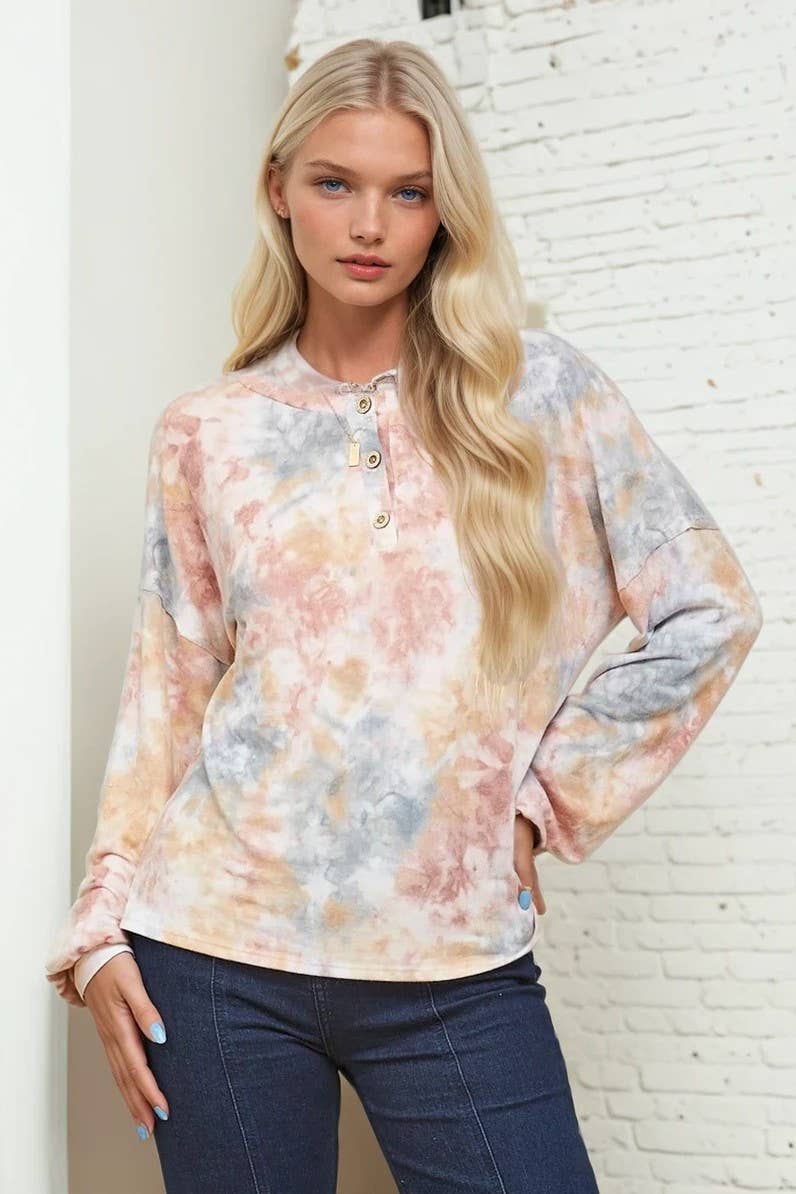 WATER COLOR BALLOON SLEEVED PULLOVER KNIT TOP 1415