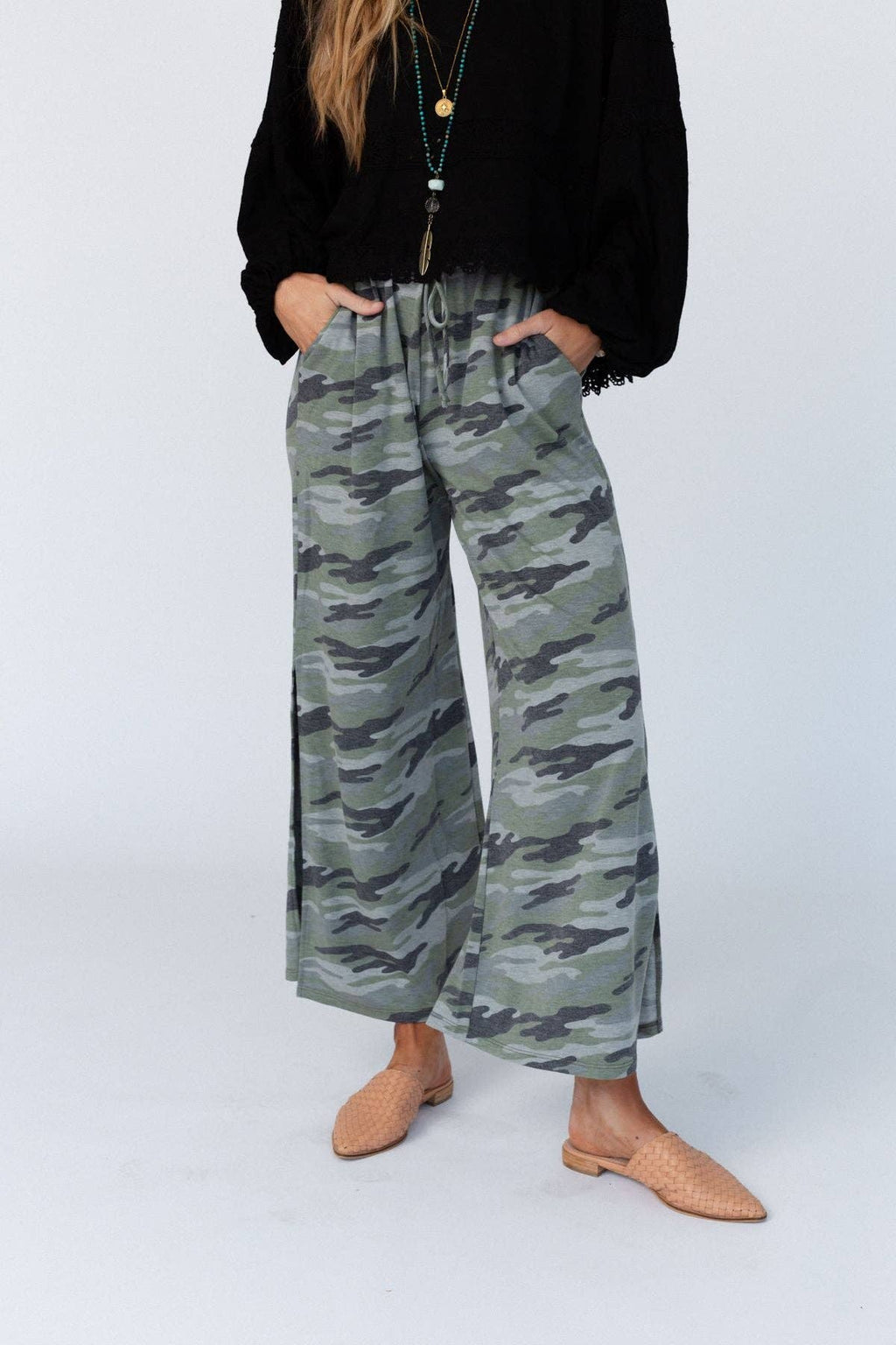 Casual Wanderer Wide Leg Slit Pants - Charcoal Camo Pant - Three Bird Nest