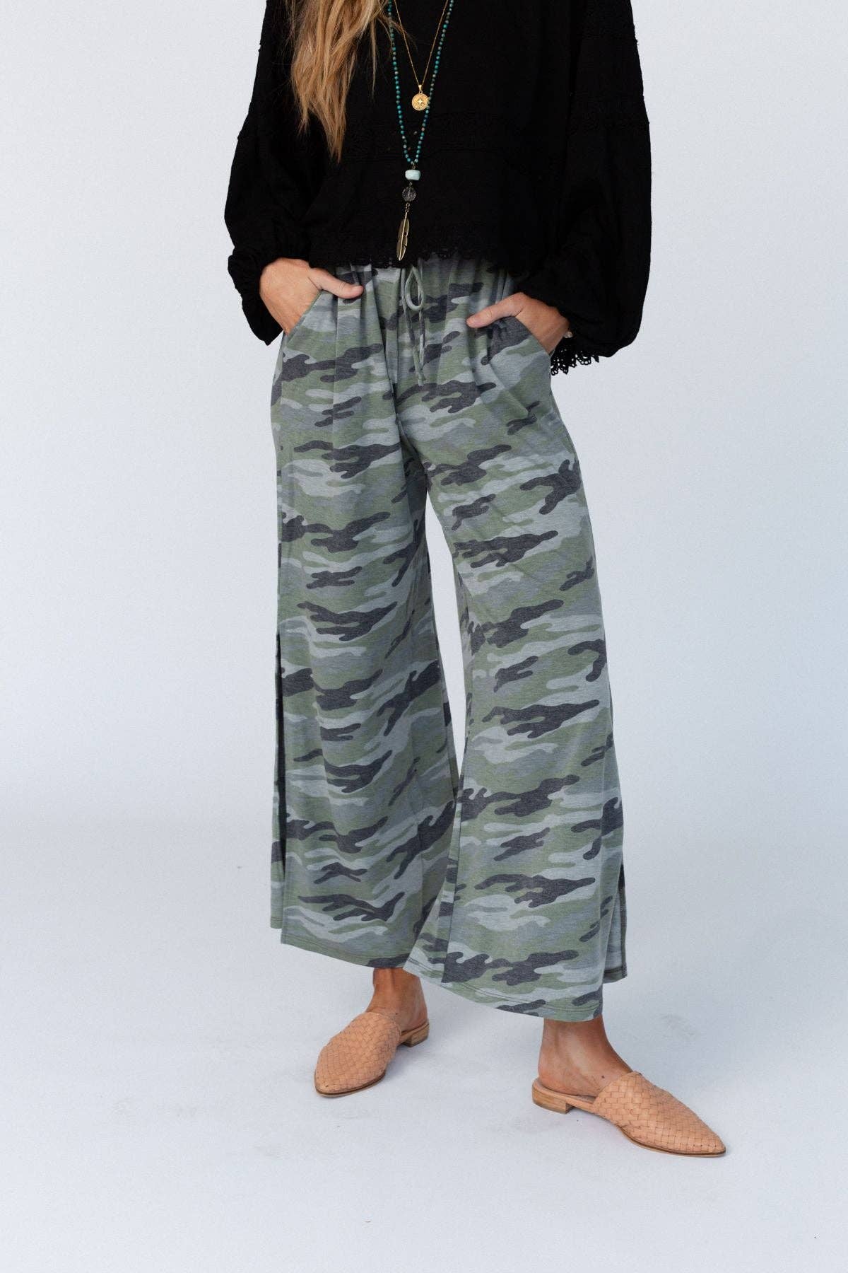 Casual Wanderer Wide Leg Slit Pants - Charcoal Camo Pant - Three Bird Nest