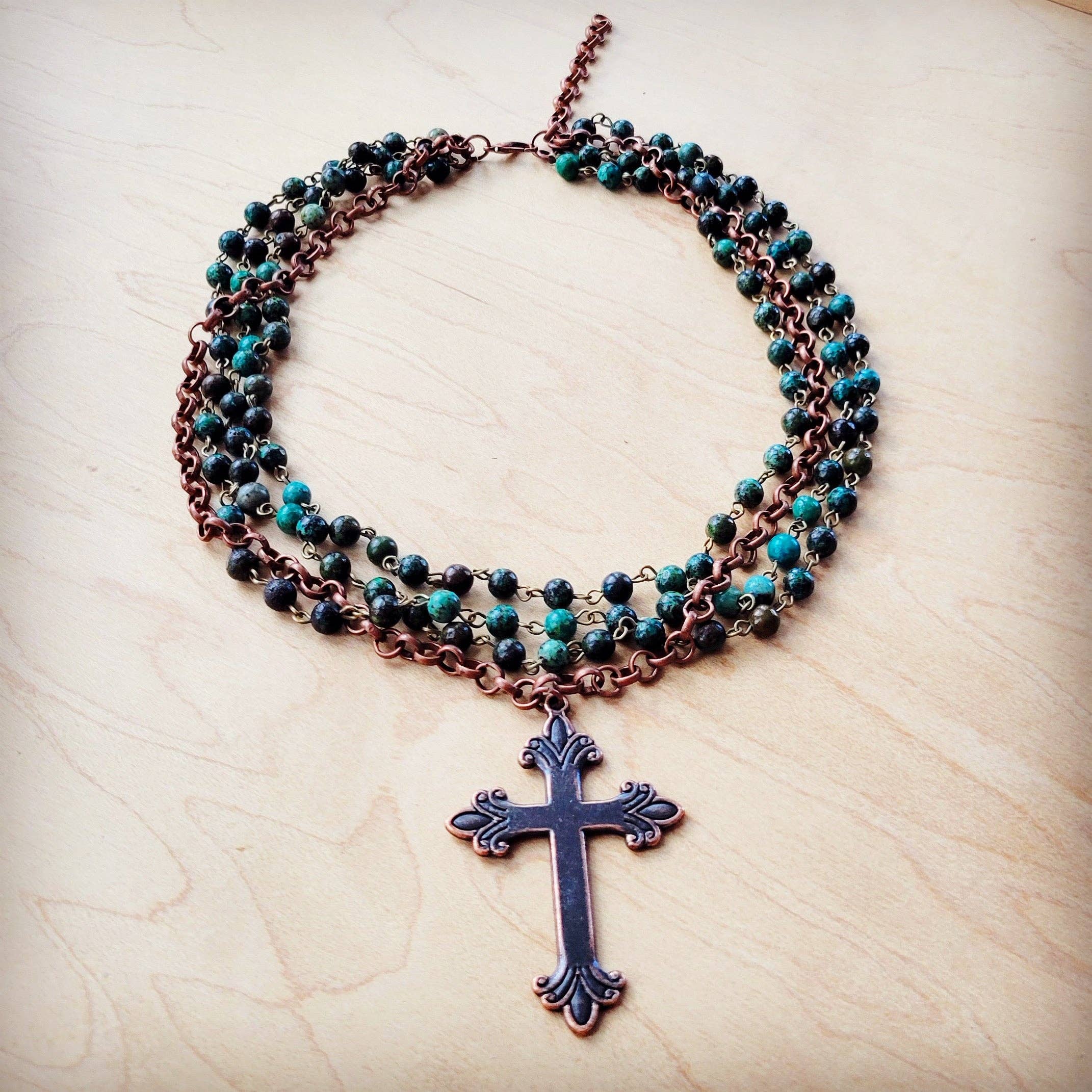 African Turquoise Beaded Collar Necklace w/ Cross - The Jewelry Junkie
