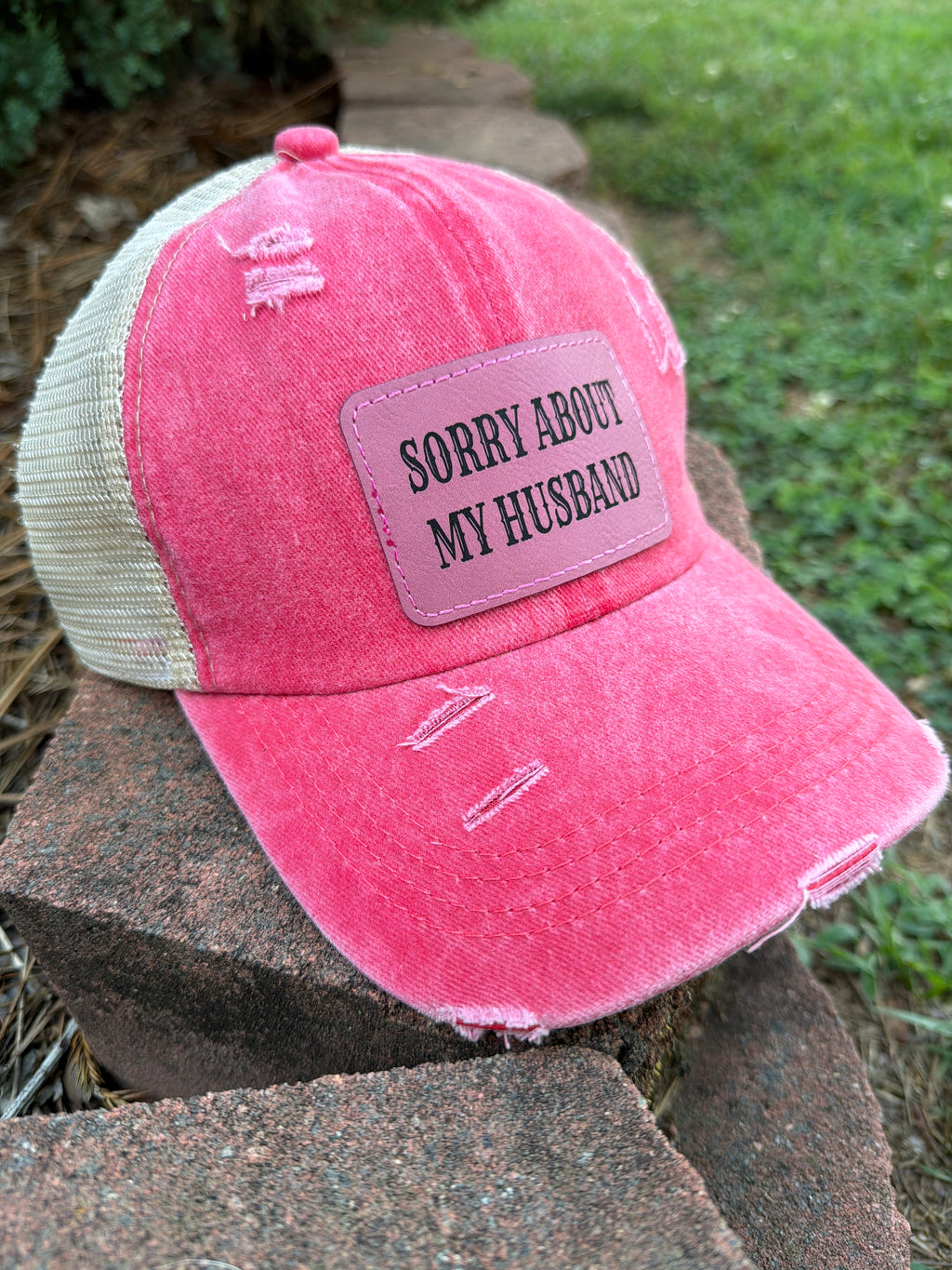 Engraved Sorry About My Husband Women's Ponytail Hat: Hot Pink / Pink