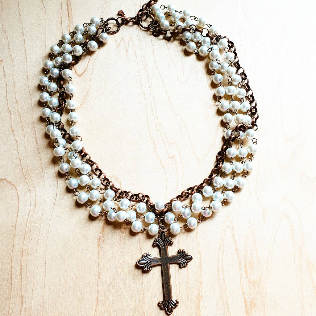 Pearl and Copper Beaded Collar Necklace with Copper Cross - The Jewelry Junkie