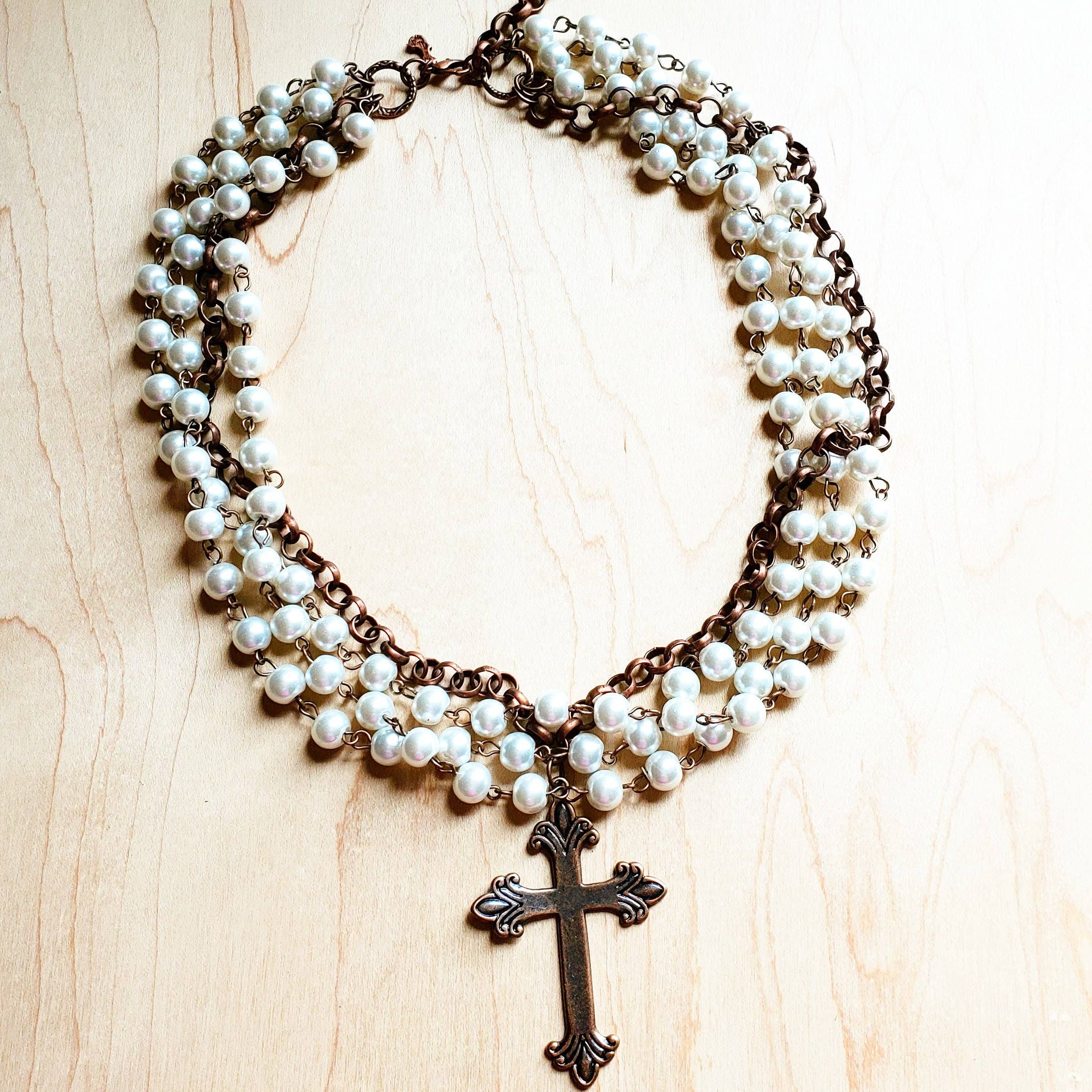 Pearl and Copper Beaded Collar Necklace with Copper Cross - The Jewelry Junkie