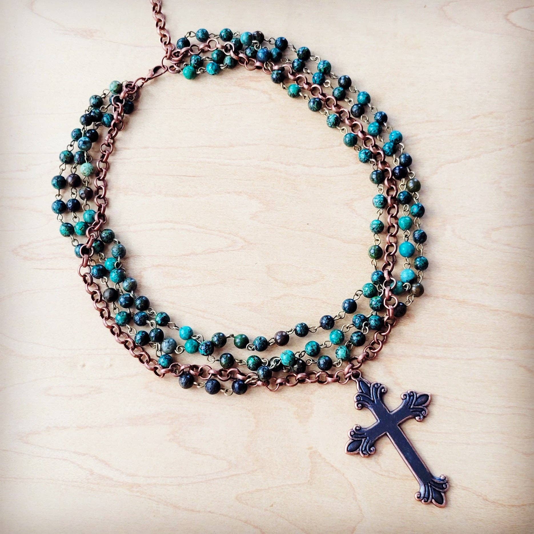 African Turquoise Beaded Collar Necklace w/ Cross - The Jewelry Junkie
