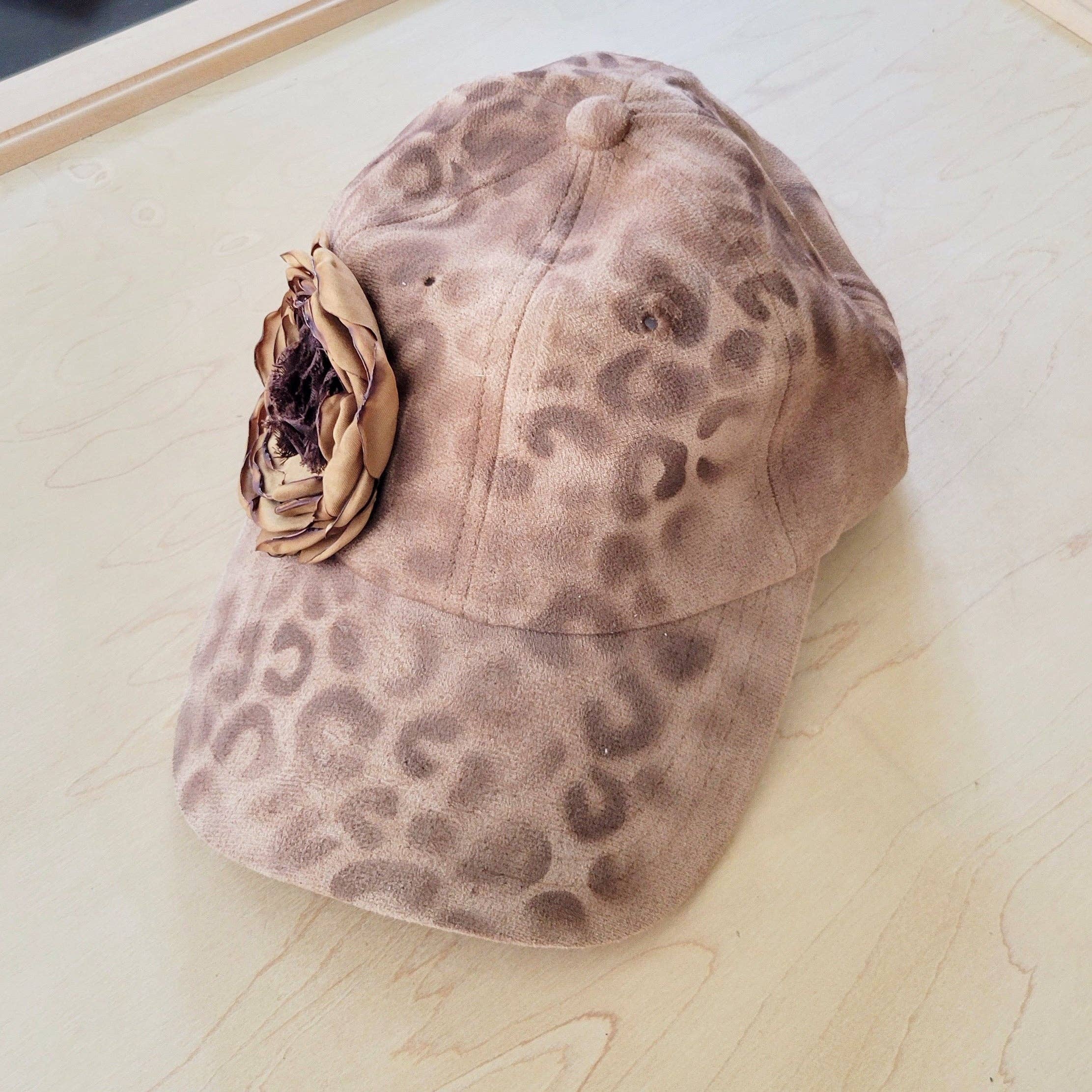 Hand-Painted Leopard Suede Baseball Cap w/ Flowers - The Jewelry Junkie