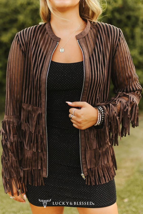Brown Lazer Cut Fringe Leather Mesh Tier Jacket