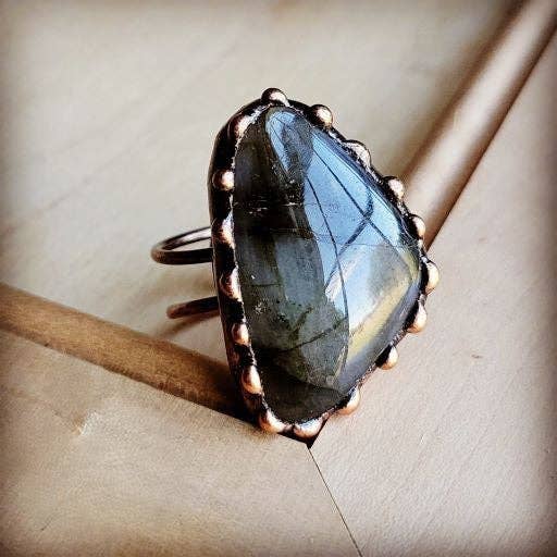 The Midnight Mesa Genuine Labradorite Ring set in Antique Copper