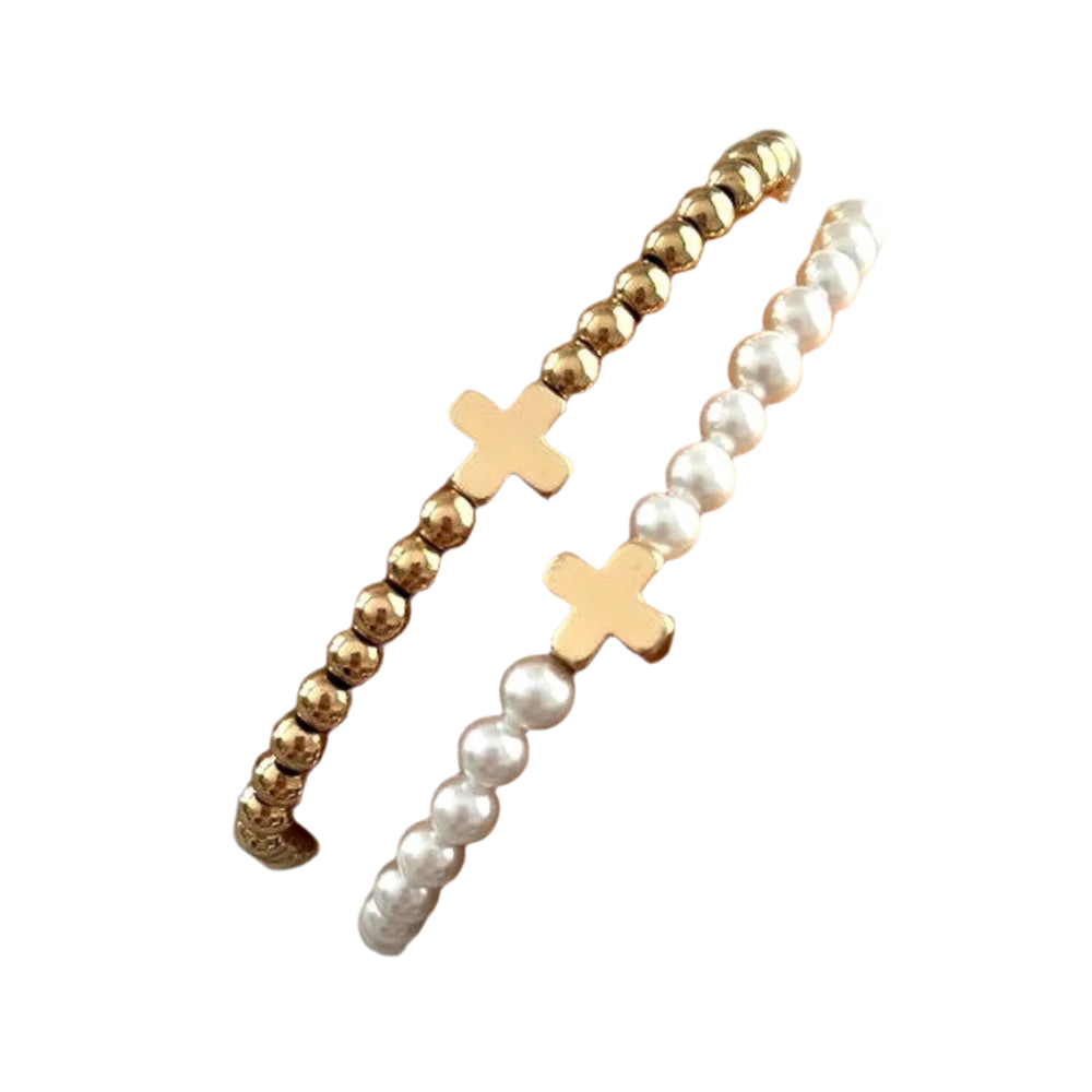 Gracie Cross Bracelet 14K Gold Plated Pearl Stretch - Deep South Originals