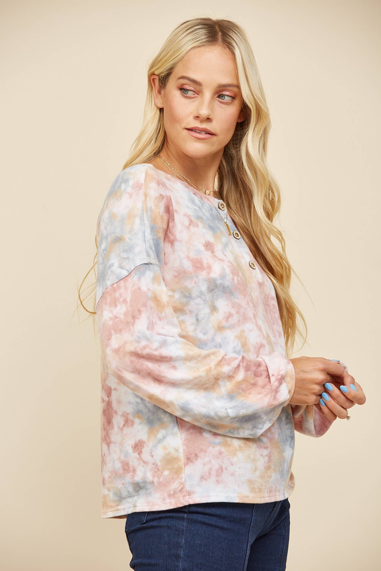 WATER COLOR BALLOON SLEEVED PULLOVER KNIT TOP 1415