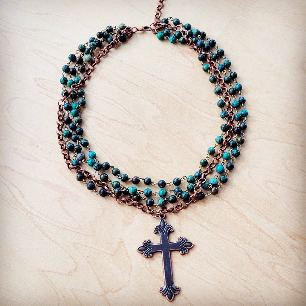 African Turquoise Beaded Collar Necklace w/ Cross - The Jewelry Junkie