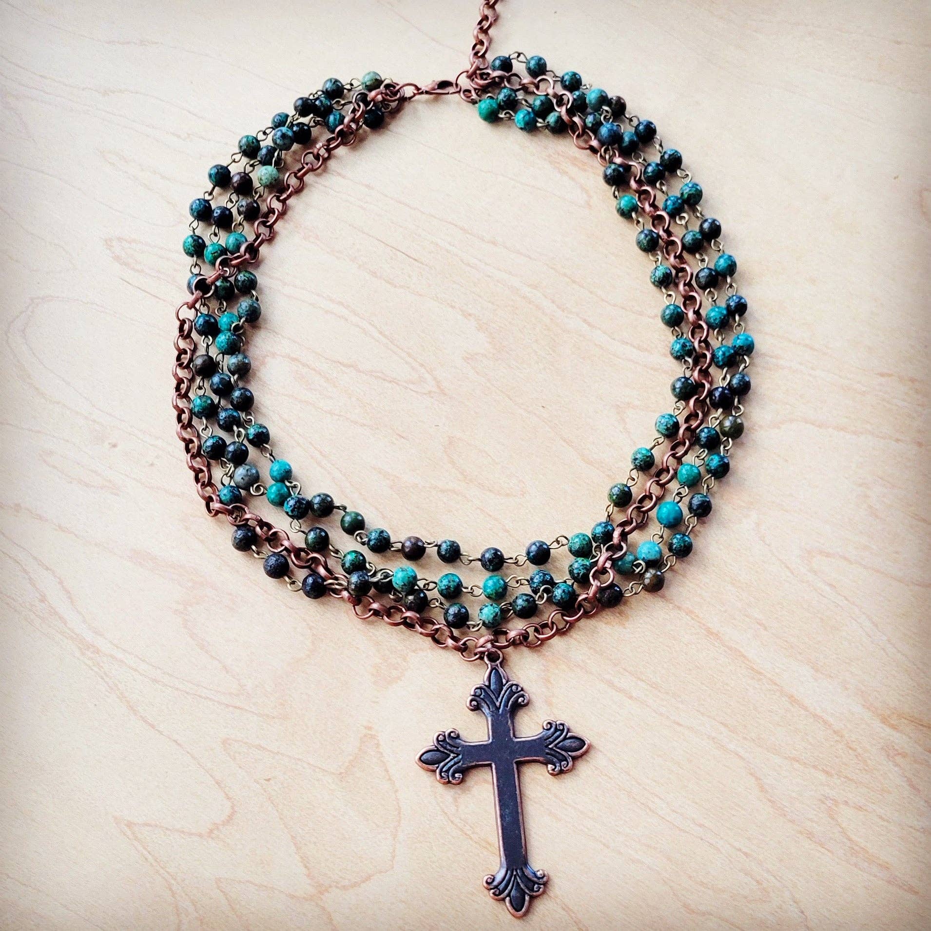 African Turquoise Beaded Collar Necklace w/ Cross - The Jewelry Junkie