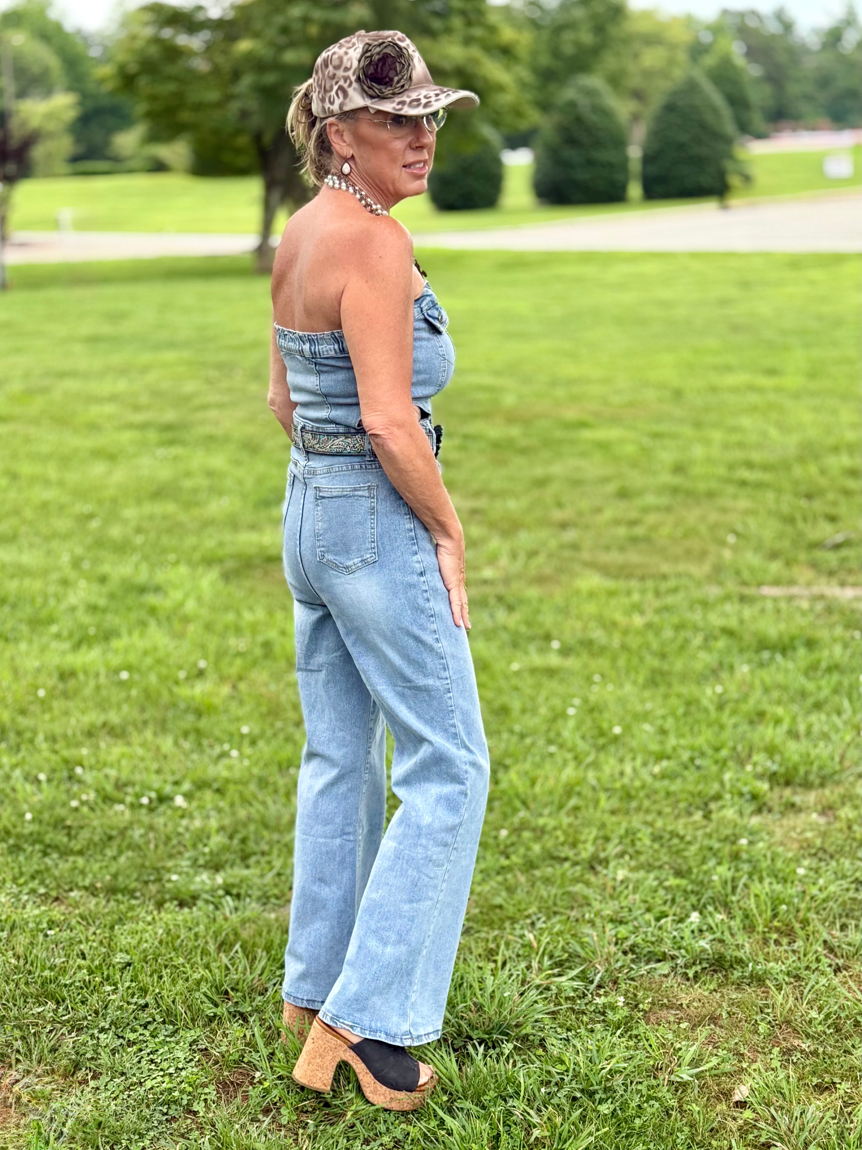 Tube Top One Shoulder Straight Leg Denim Jumpsuit