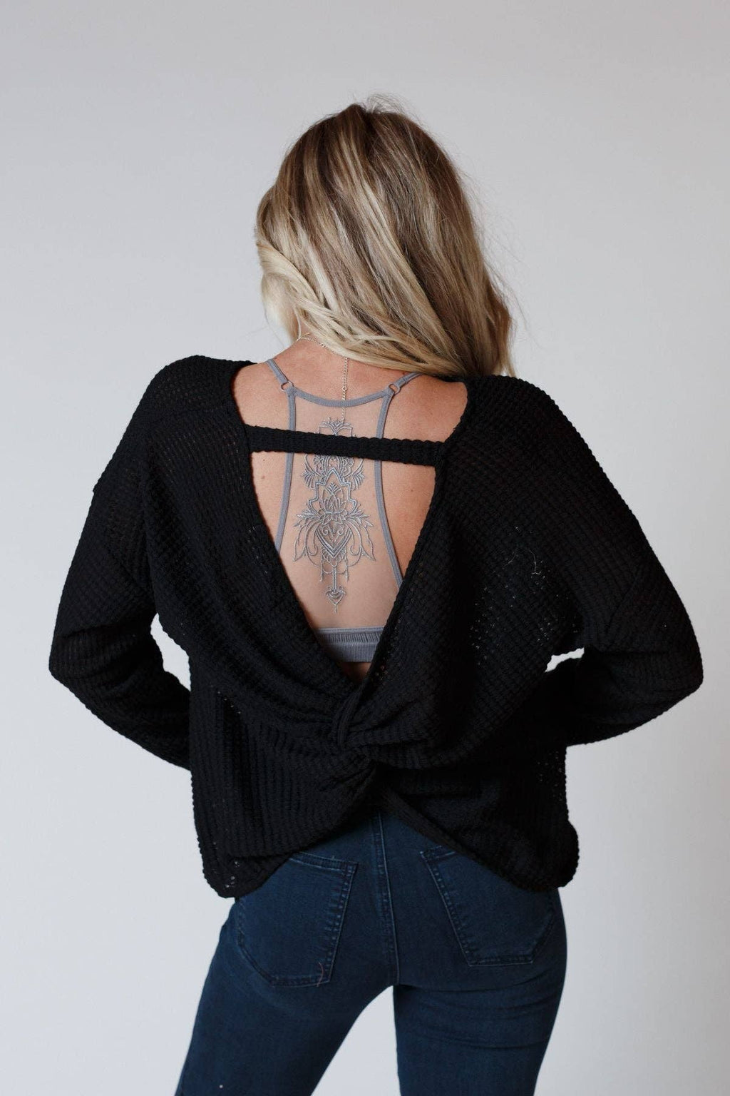 Flattering Open Back Thermal Knit Top - Black - Three Bird Nest