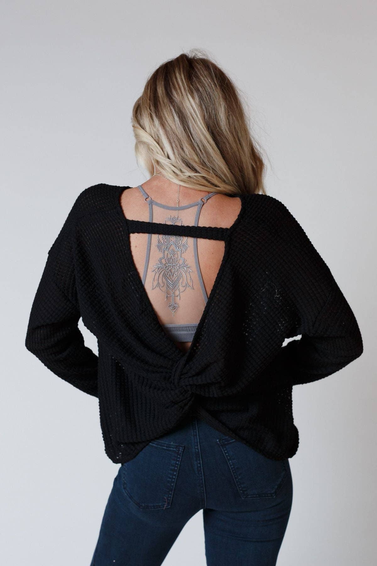 Flattering Open Back Thermal Knit Top - Black - Three Bird Nest