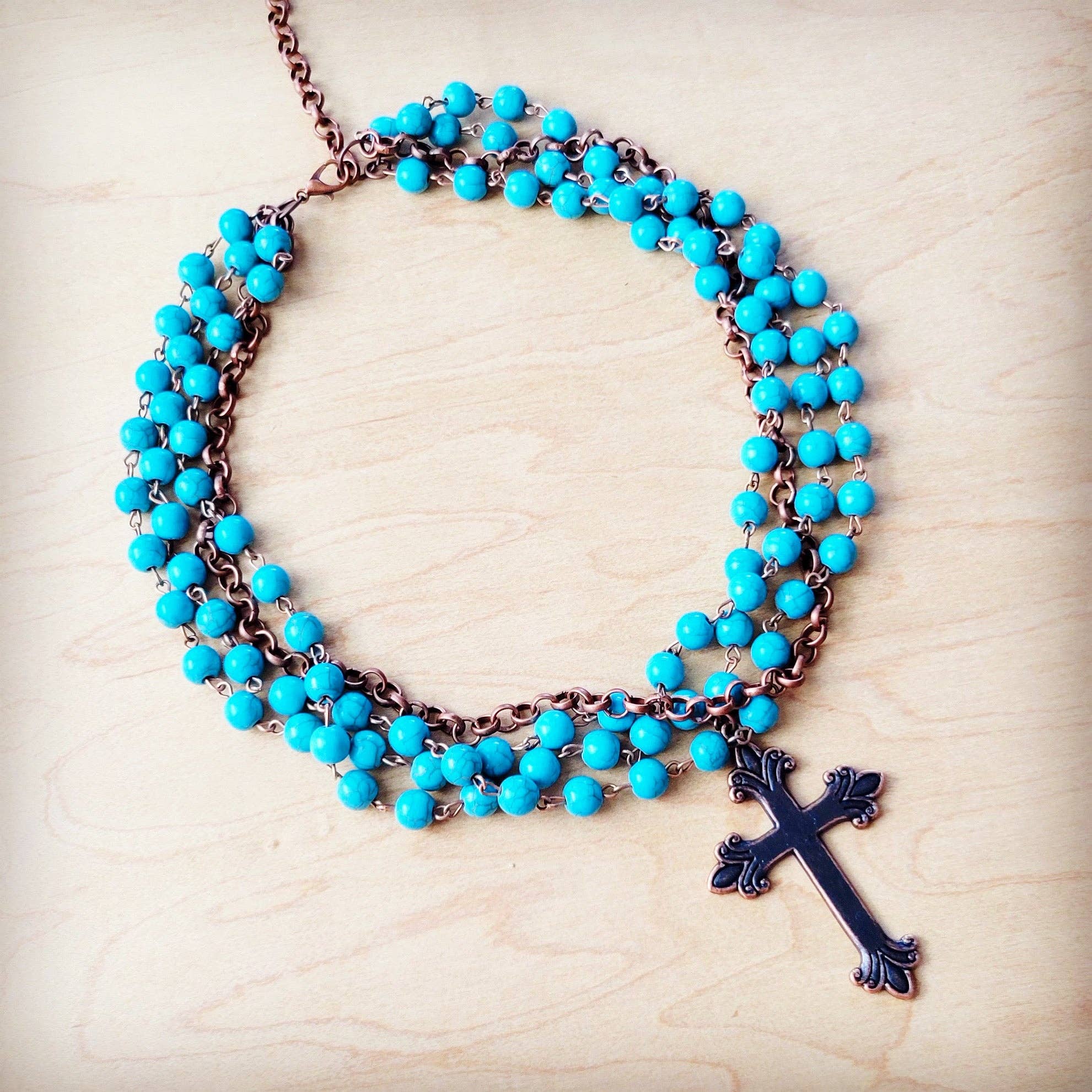 Blue Turquoise Beaded Collar Necklace w/ Cross Pendant - The Jewelry Junkie