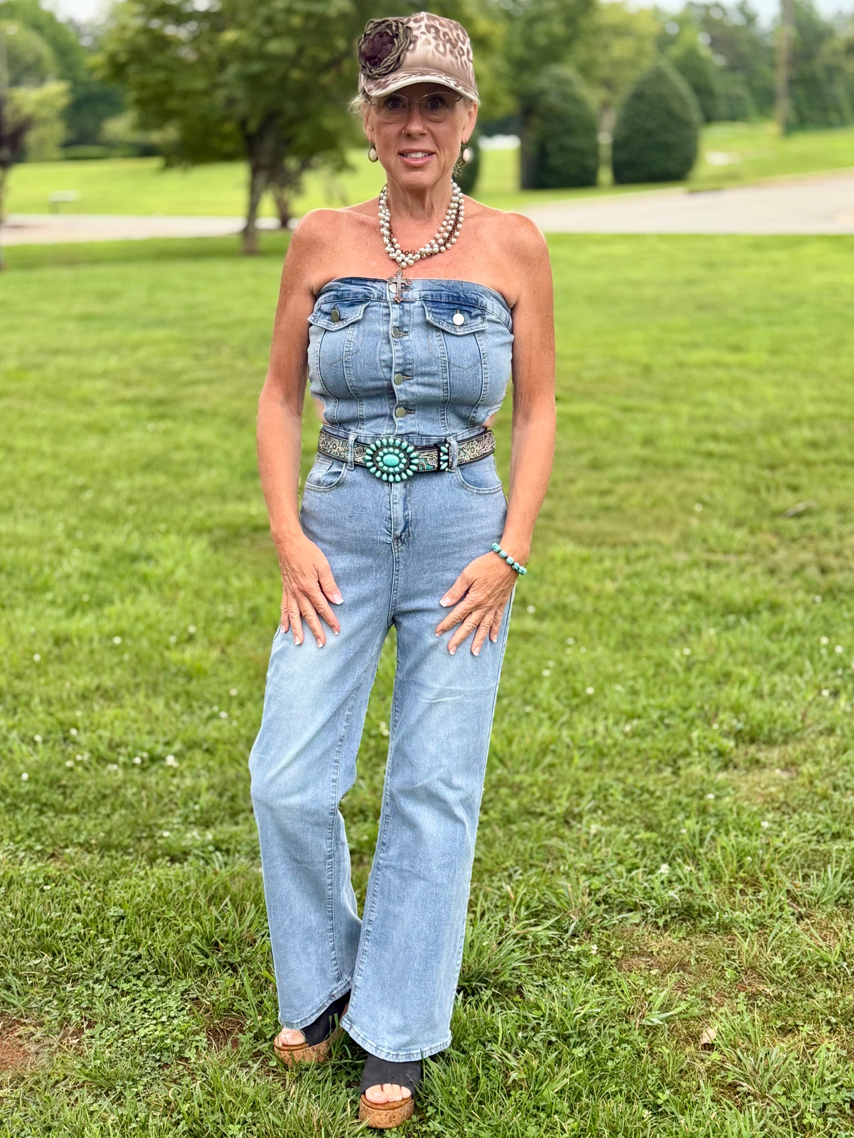 Tube Top One Shoulder Straight Leg Denim Jumpsuit