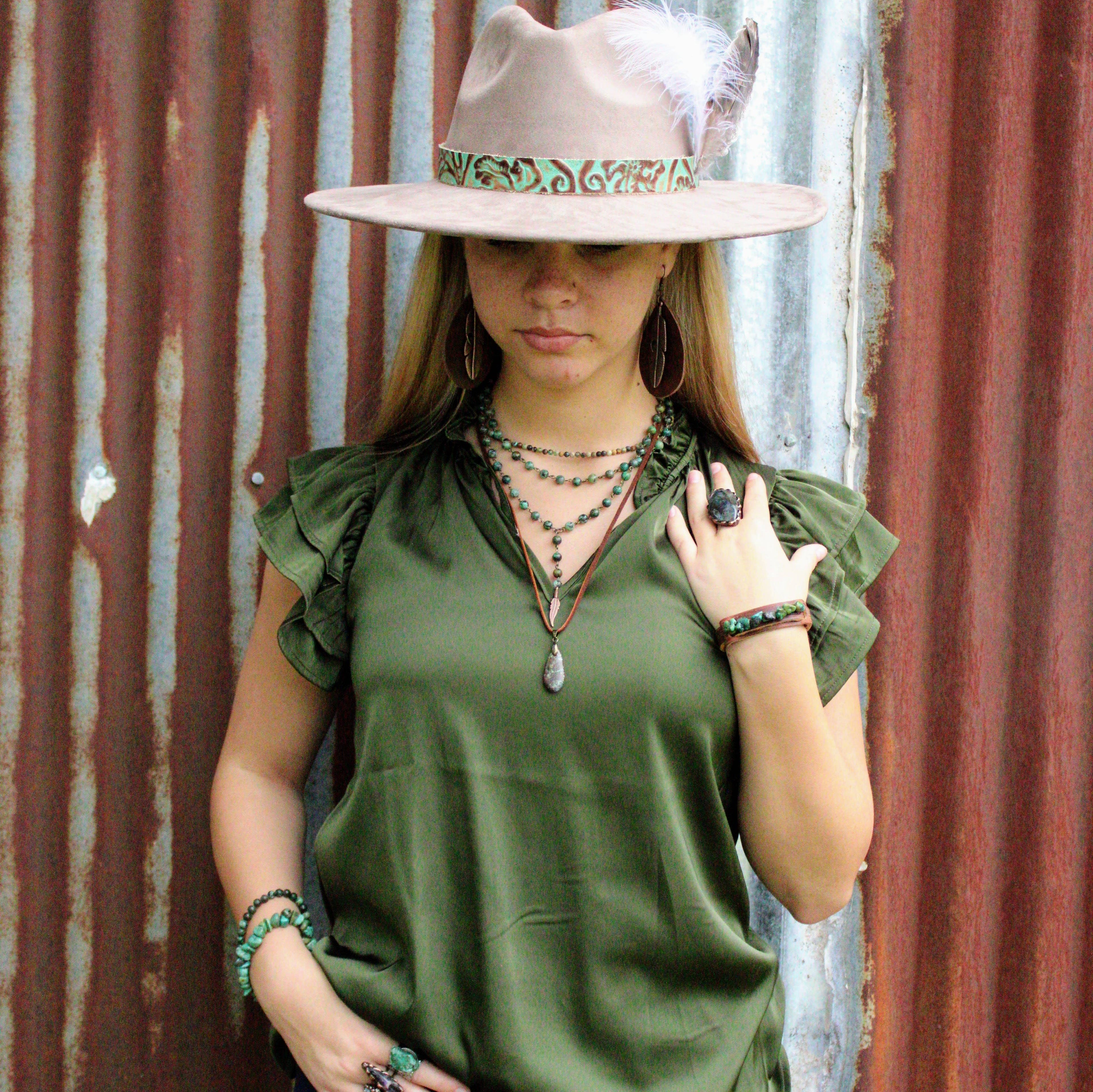Double Strand Lariat African Turquoise Necklace w/ Copper Feather 251h