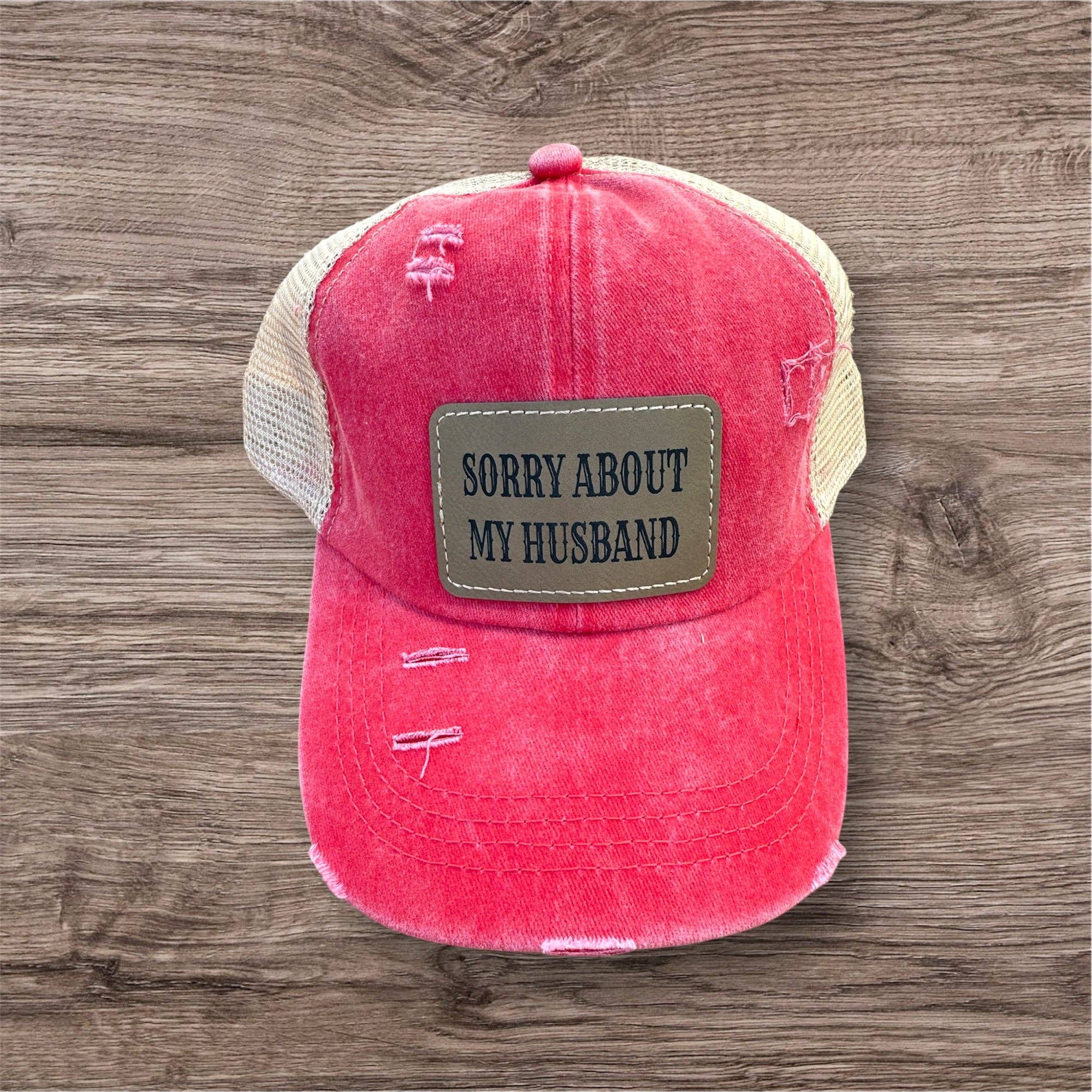 Engraved Sorry About My Husband Women's Ponytail Hat: White / Teal