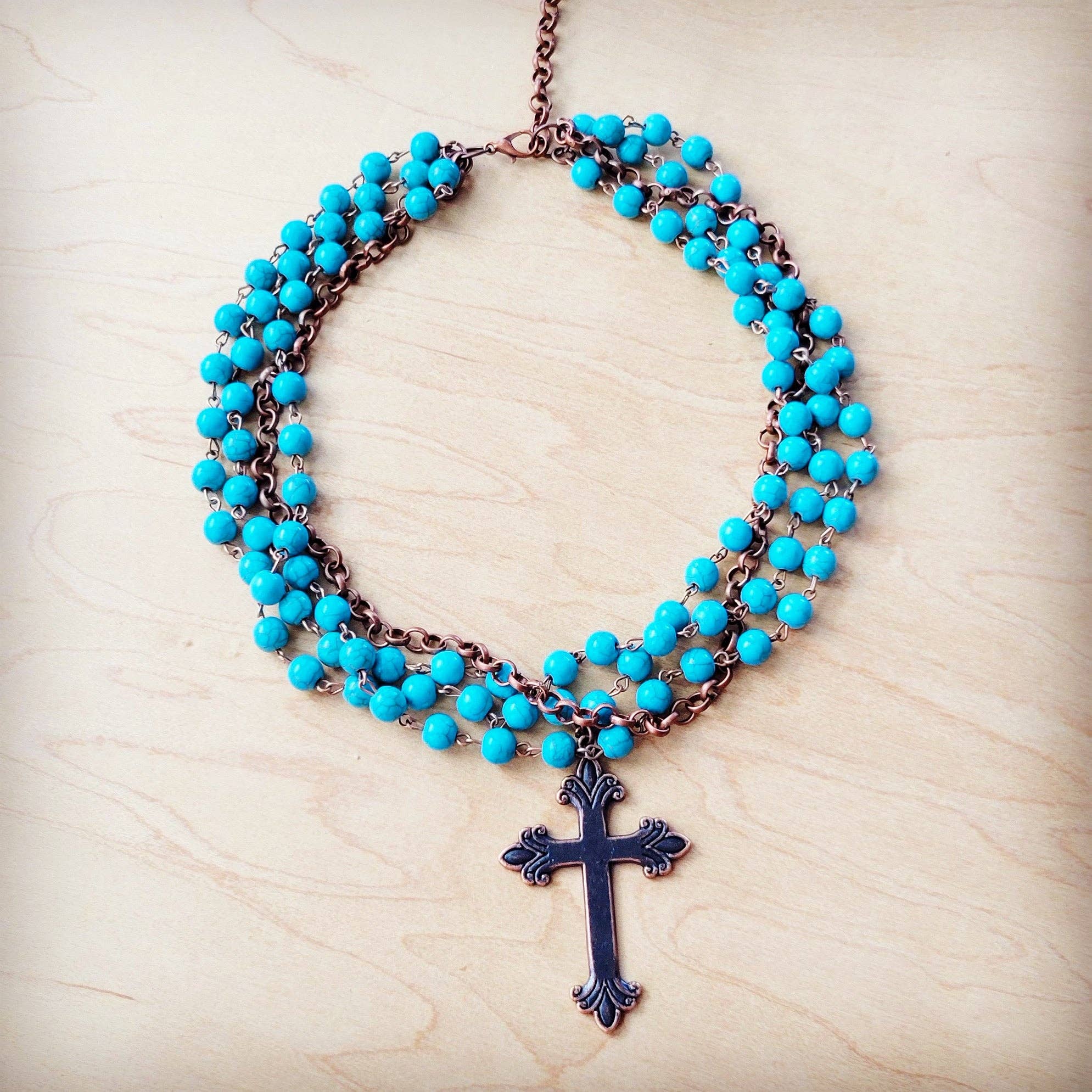 Blue Turquoise Beaded Collar Necklace w/ Cross Pendant - The Jewelry Junkie