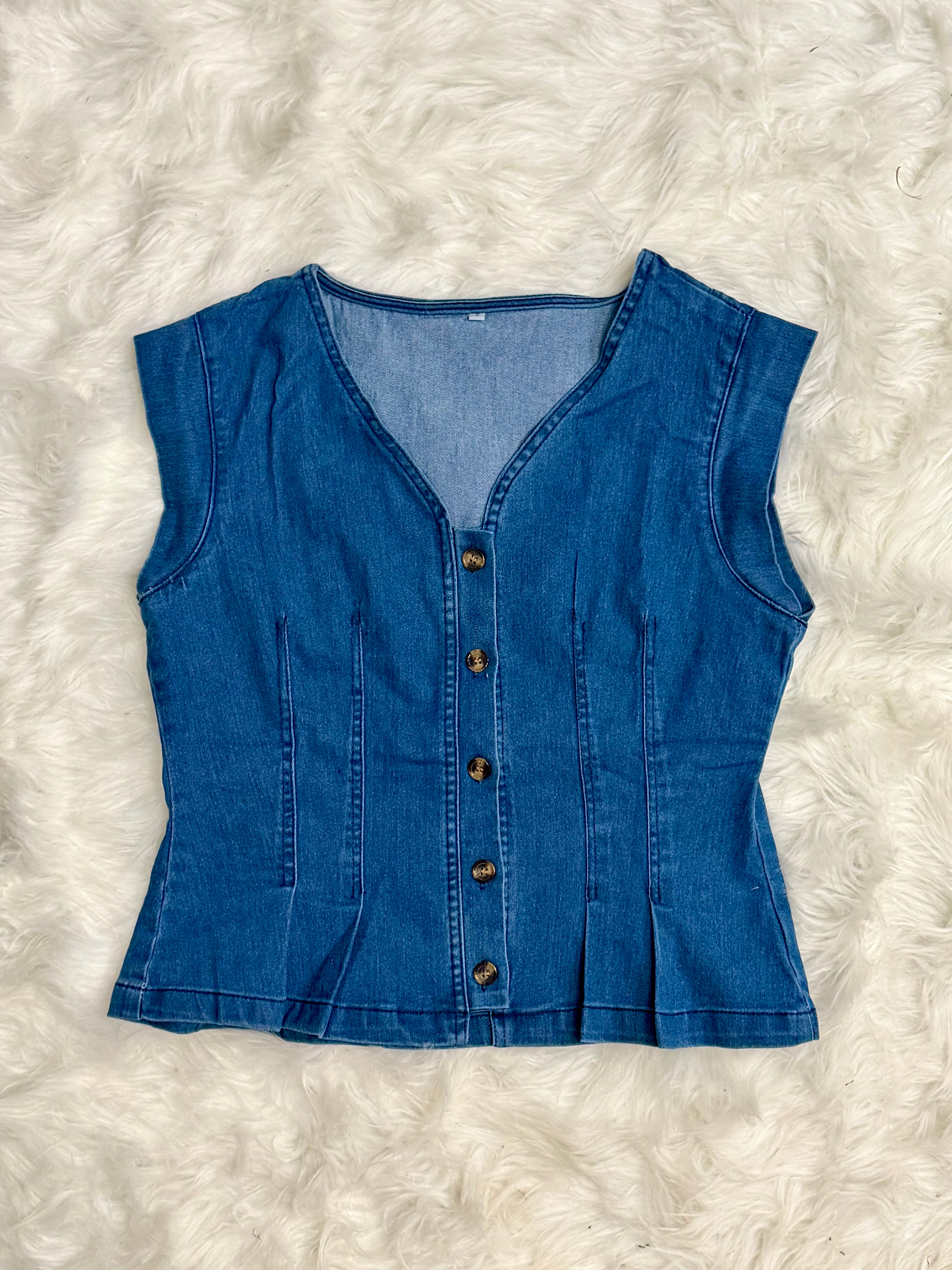 The Blue Ridge Denim Vest Casual Button Slim Fit Pleated Sleeveless Denim Top
