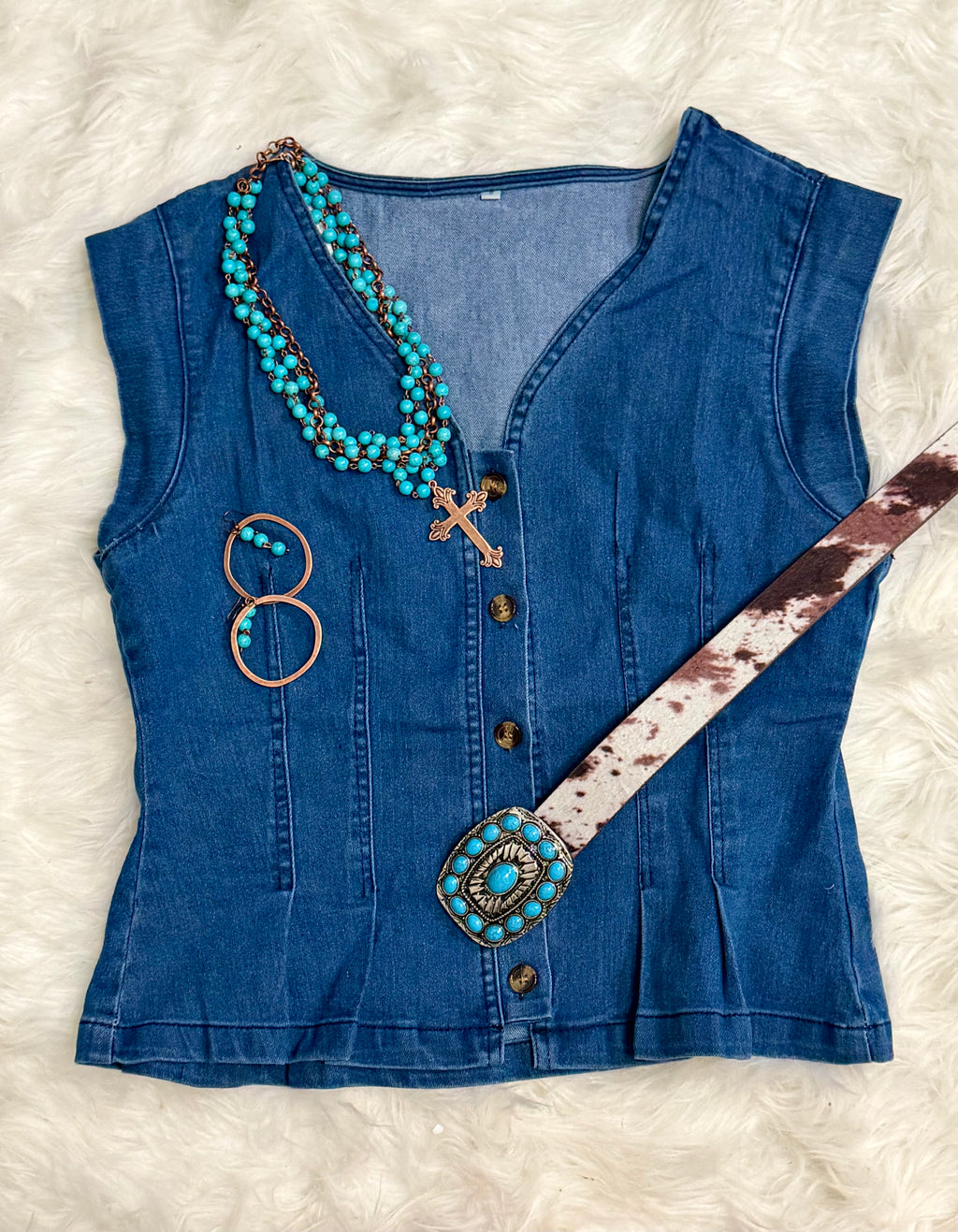 The Blue Ridge Denim Vest Casual Button Slim Fit Pleated Sleeveless Denim Top