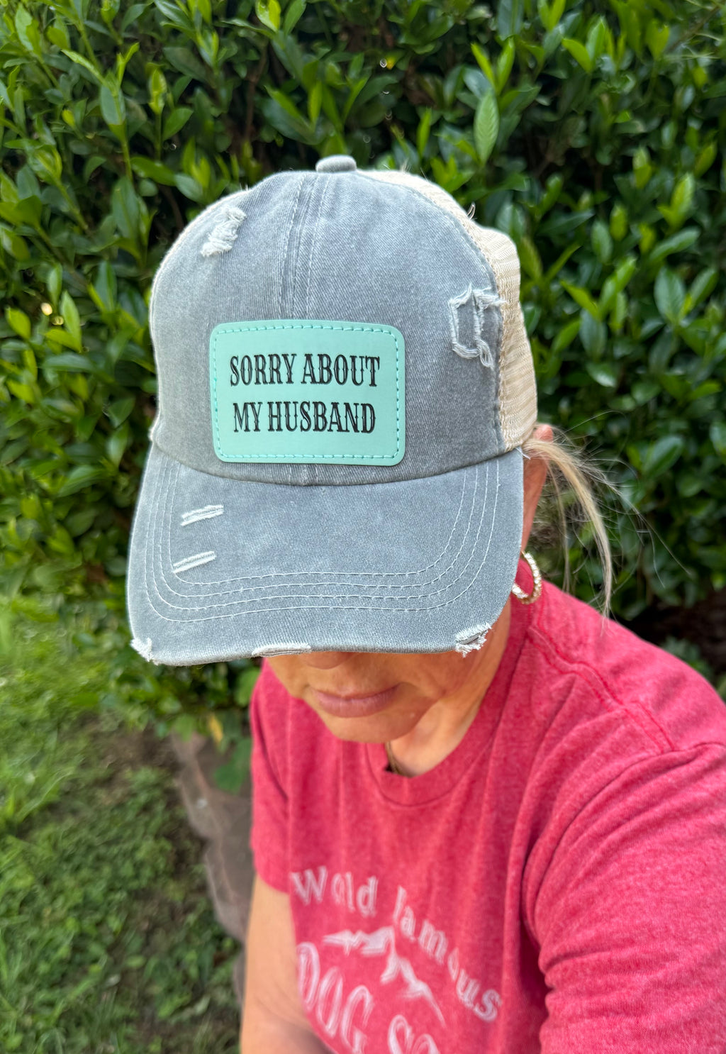 Engraved Sorry About My Husband Women's Ponytail Hat: Grey / Teal