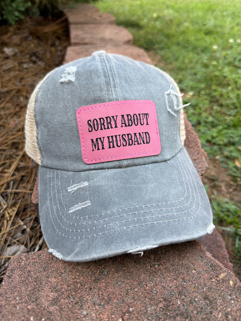 Engraved Sorry About My Husband Women's Ponytail Hat: Grey / Pink