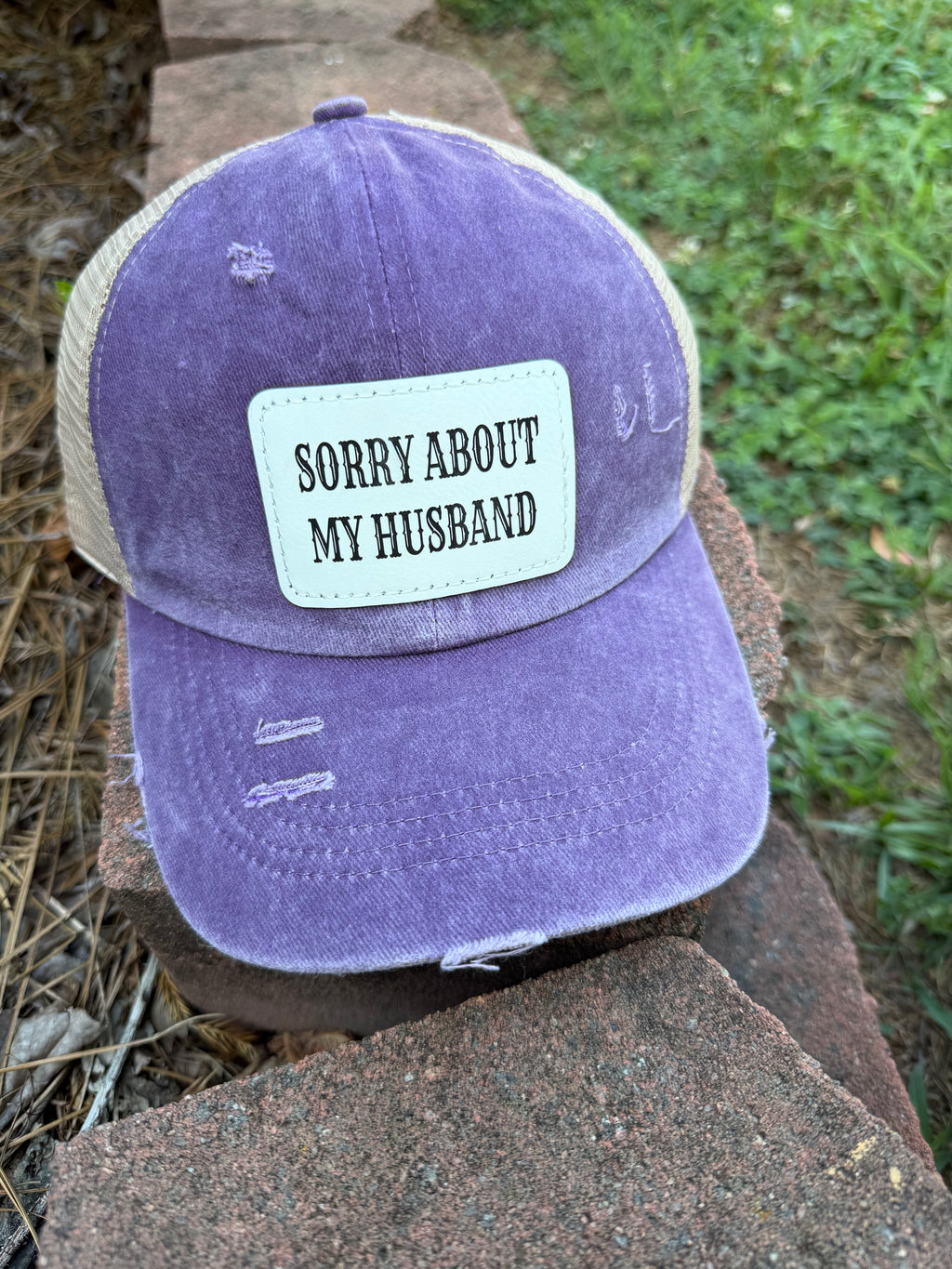 Engraved Sorry About My Husband Women's Ponytail Hat: Purple / White