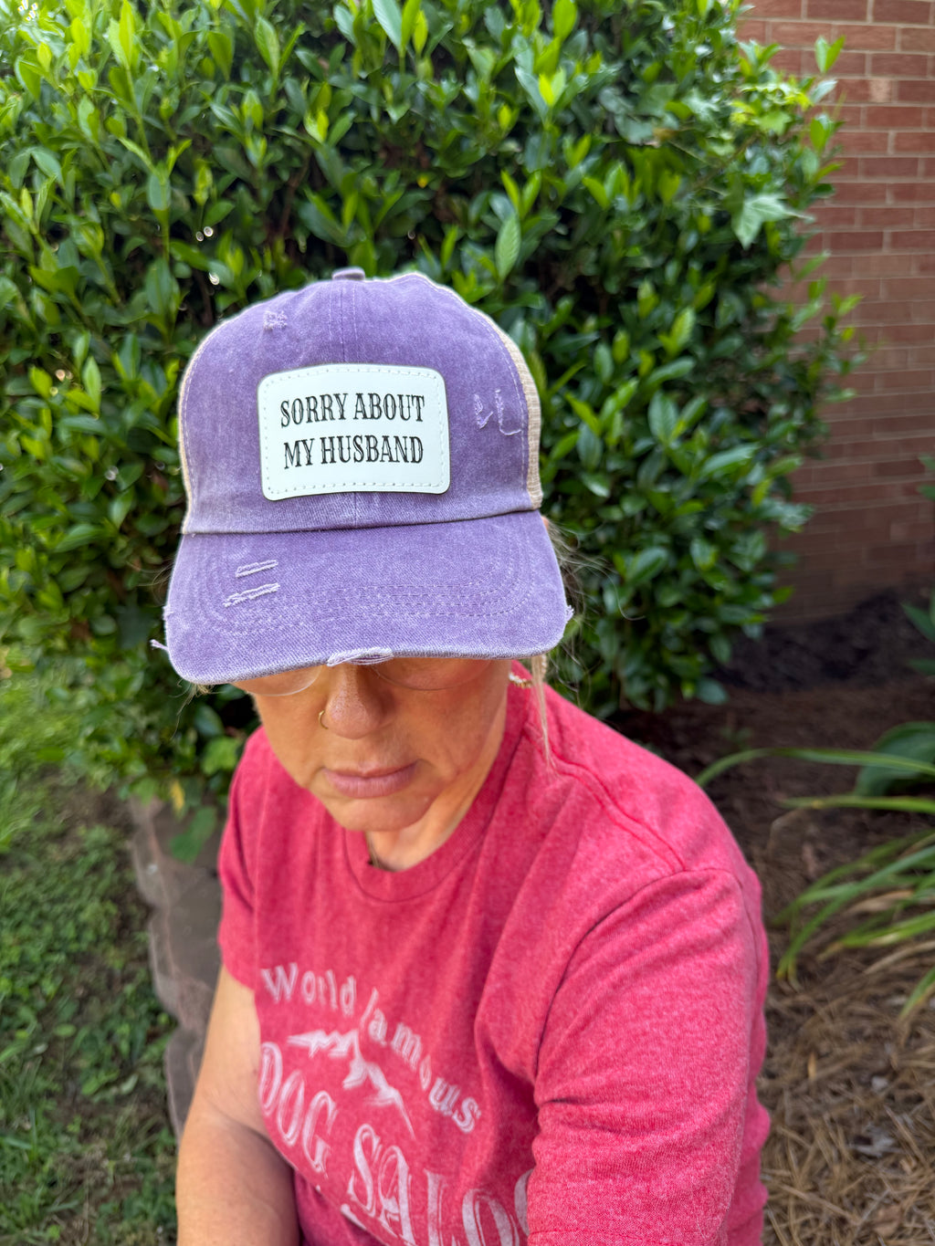 Engraved Sorry About My Husband Women's Ponytail Hat: Purple / White