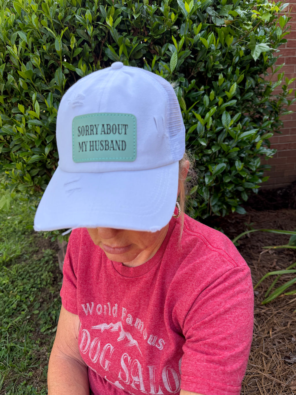 Engraved Sorry About My Husband Women's Ponytail Hat: White / Teal