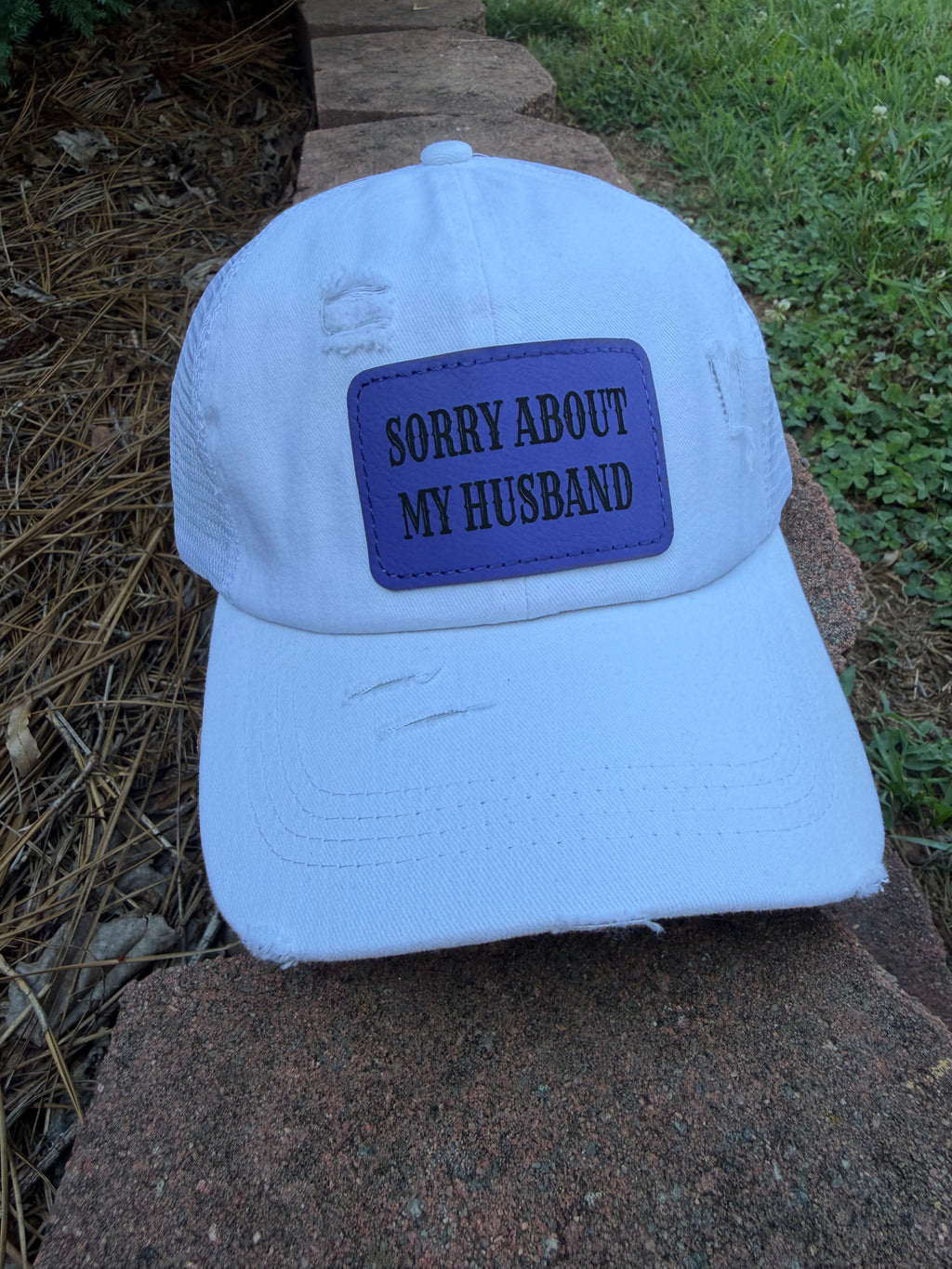 Engraved Sorry About My Husband Women's Ponytail Hat: White / Purple