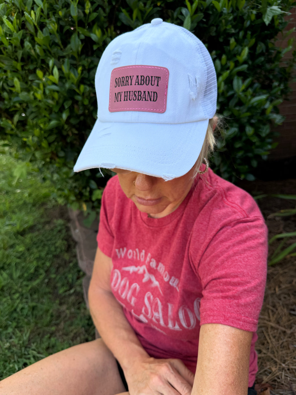 Engraved Sorry About My Husband Women's Ponytail Hat: White / Pink