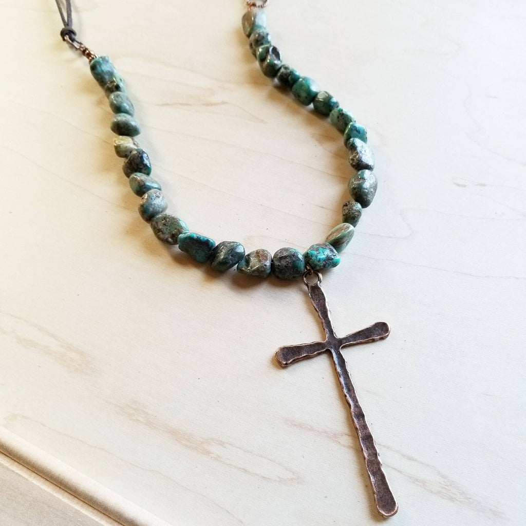 Natural Turquoise Beaded Necklace wi/ Copper Cross Pendant - The Jewelry Junkie