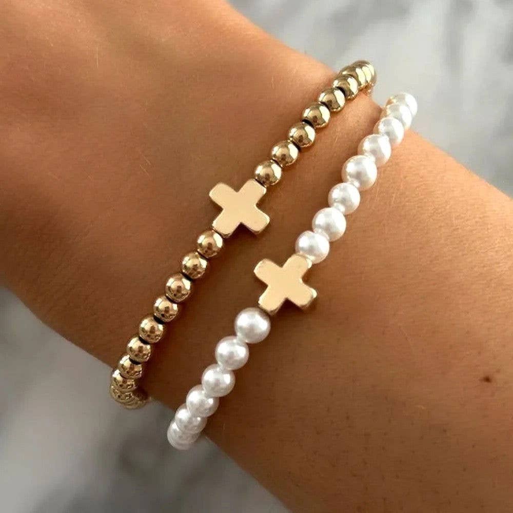 Gracie Cross Bracelet 14K Gold Plated Pearl Stretch - Deep South Originals