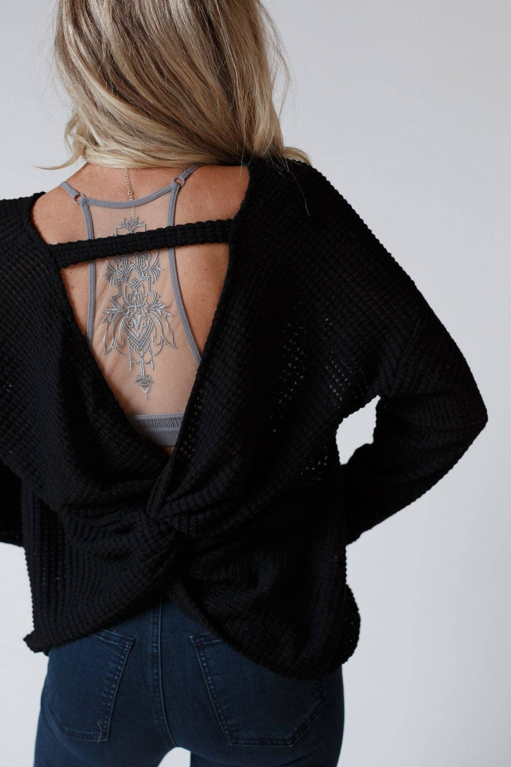 Flattering Open Back Thermal Knit Top - Black - Three Bird Nest