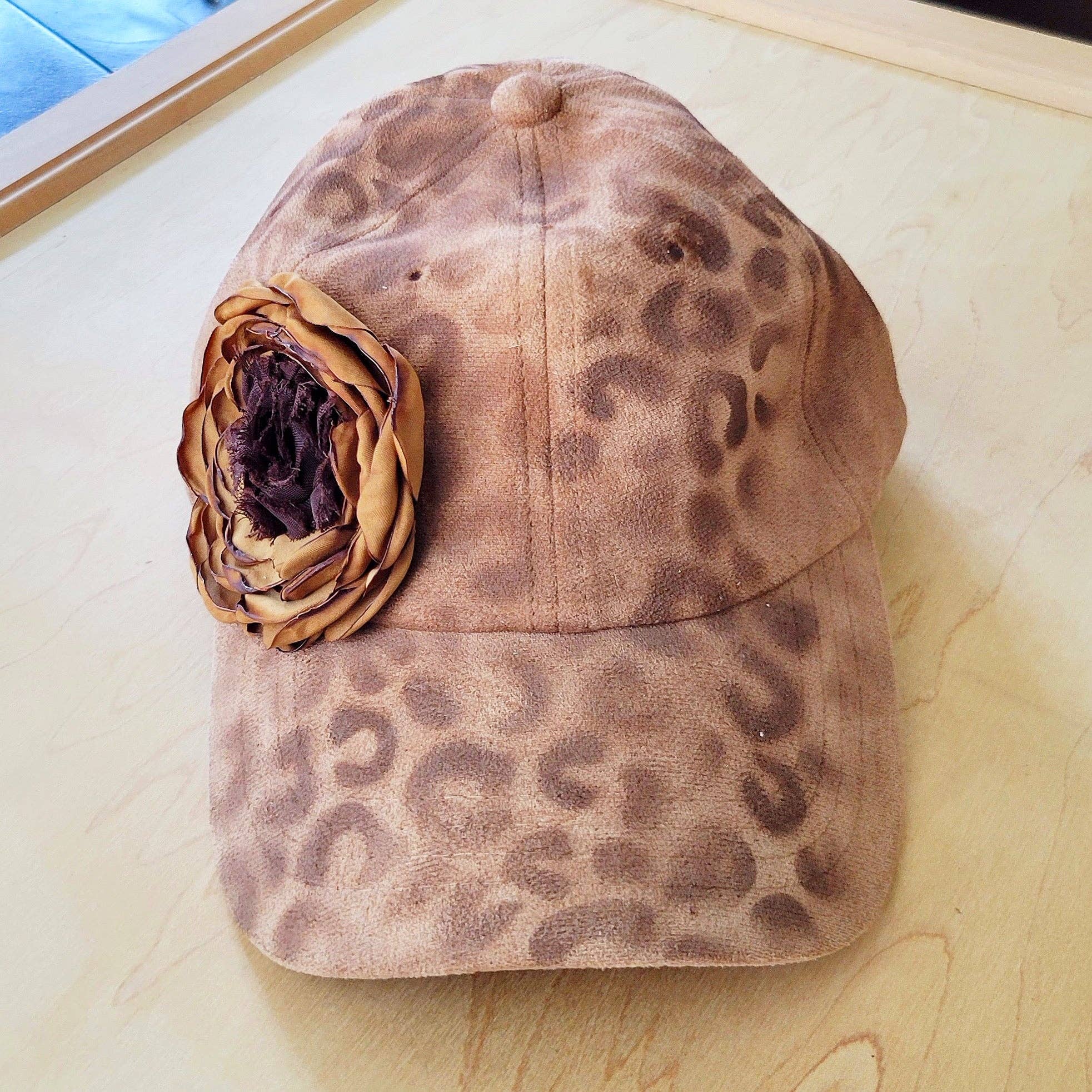Hand-Painted Leopard Suede Baseball Cap w/ Flowers - The Jewelry Junkie