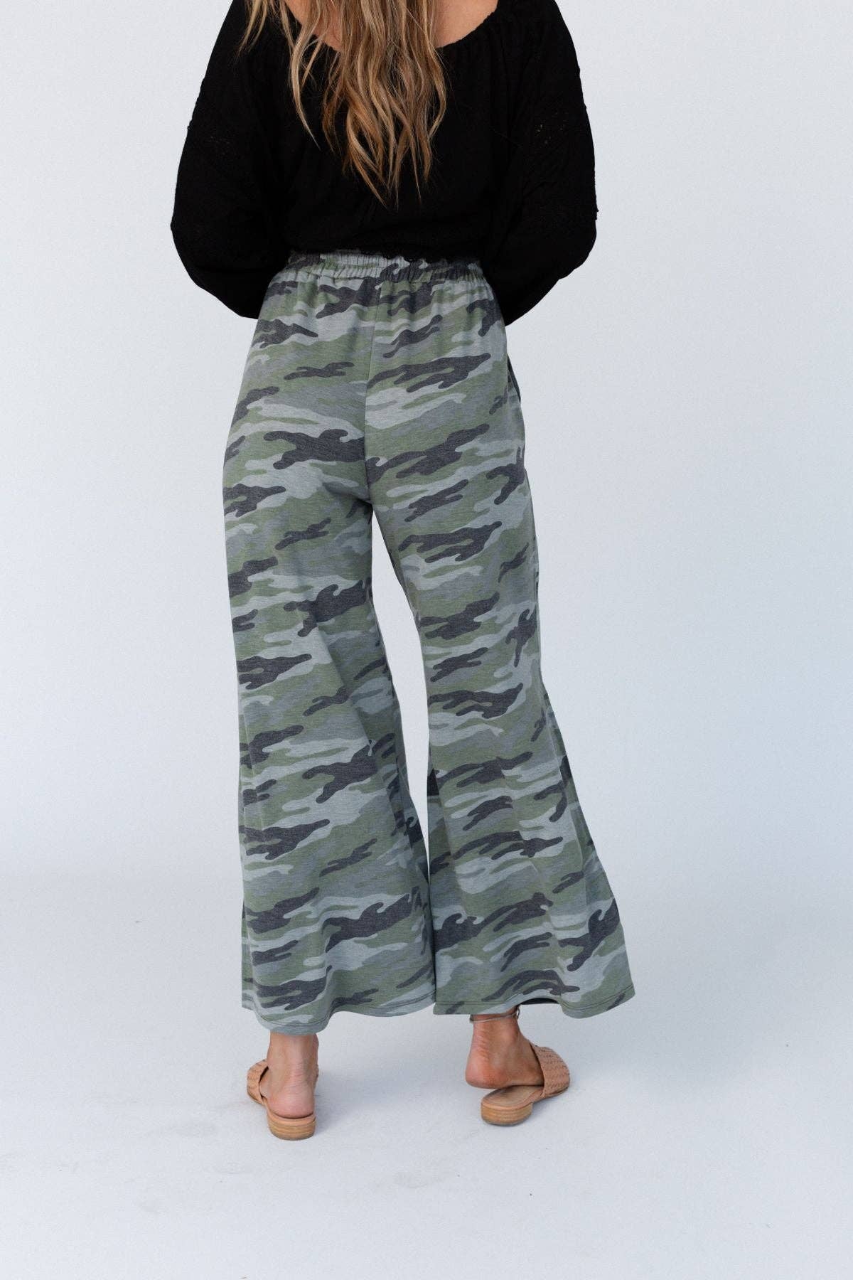 Casual Wanderer Wide Leg Slit Pants - Charcoal Camo Pant - Three Bird Nest