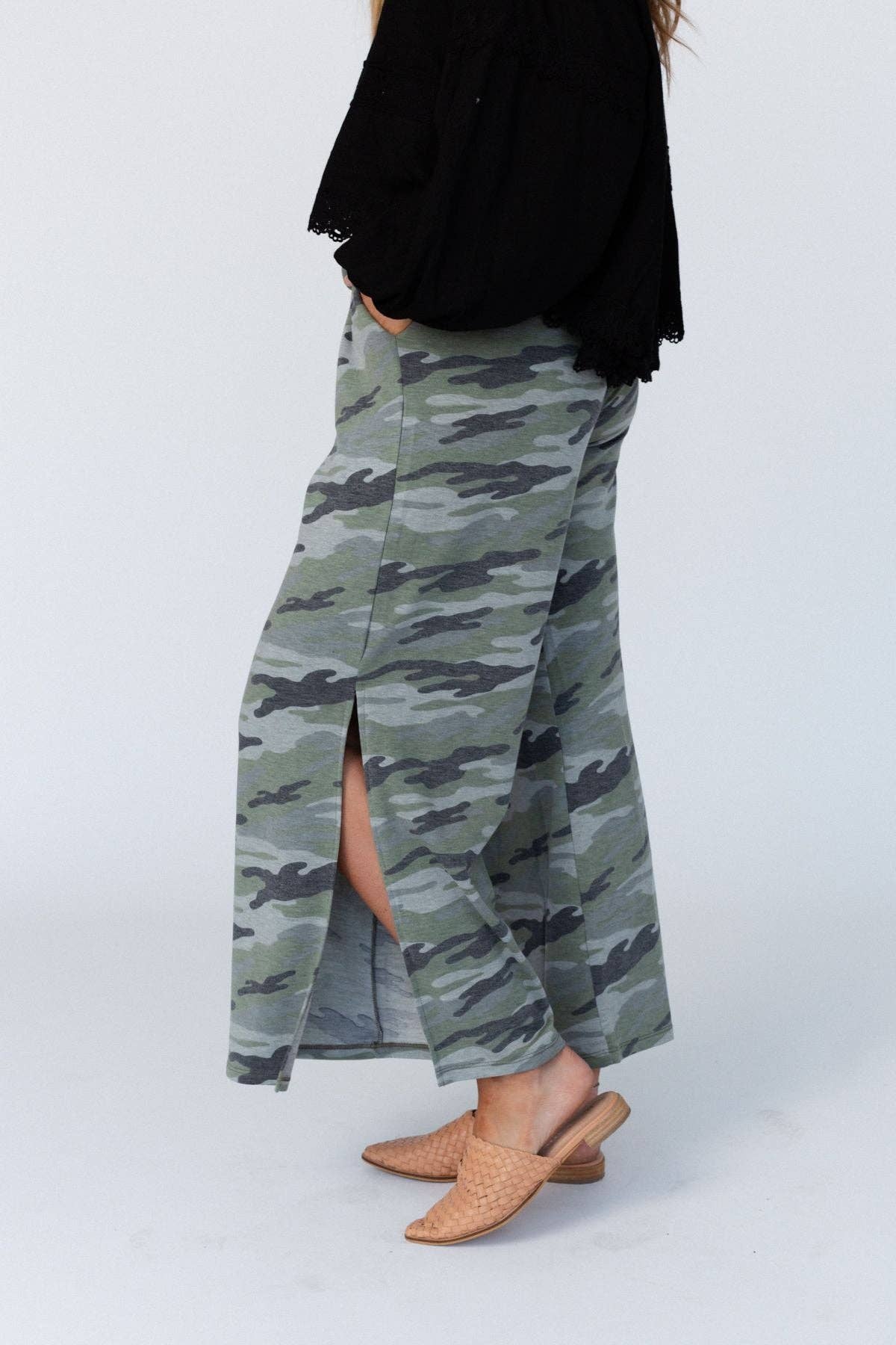 Casual Wanderer Wide Leg Slit Pants - Charcoal Camo Pant - Three Bird Nest