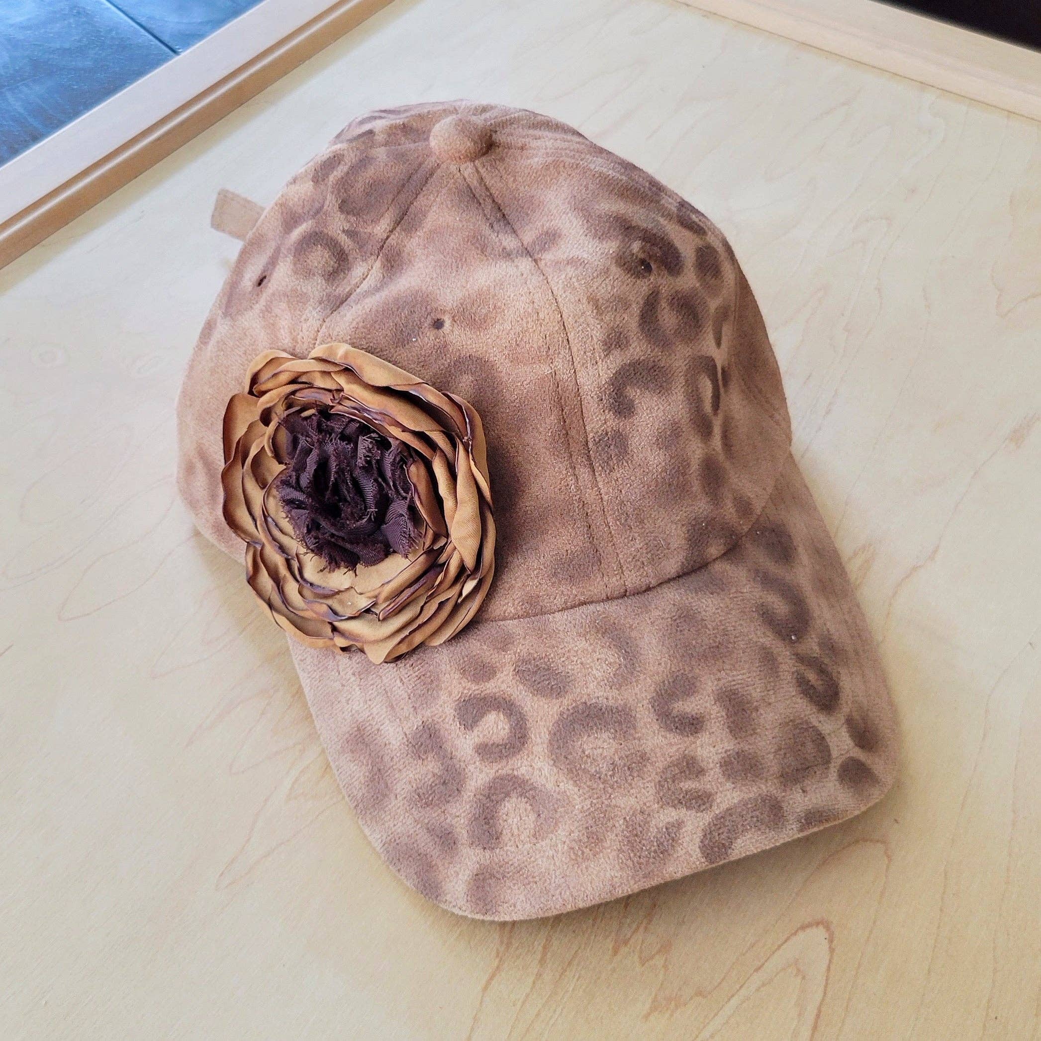 Hand-Painted Leopard Suede Baseball Cap w/ Flowers - The Jewelry Junkie