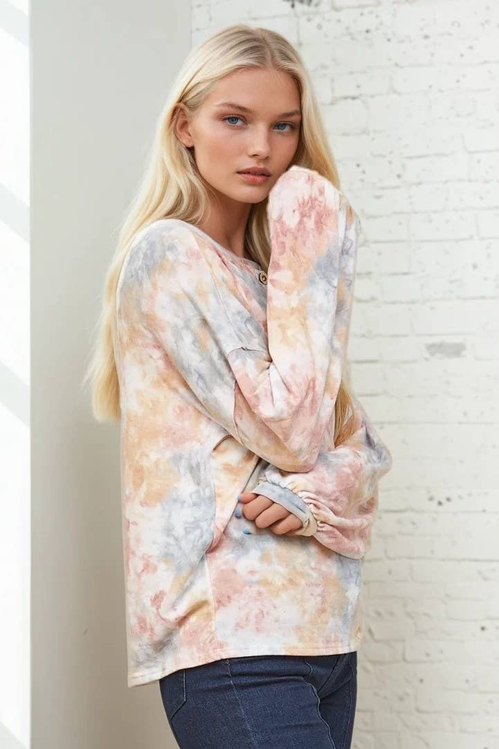 WATER COLOR BALLOON SLEEVED PULLOVER KNIT TOP 1415