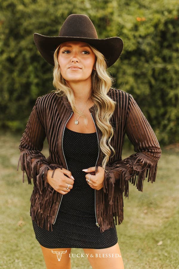 Brown Lazer Cut Fringe Leather Mesh Tier Jacket