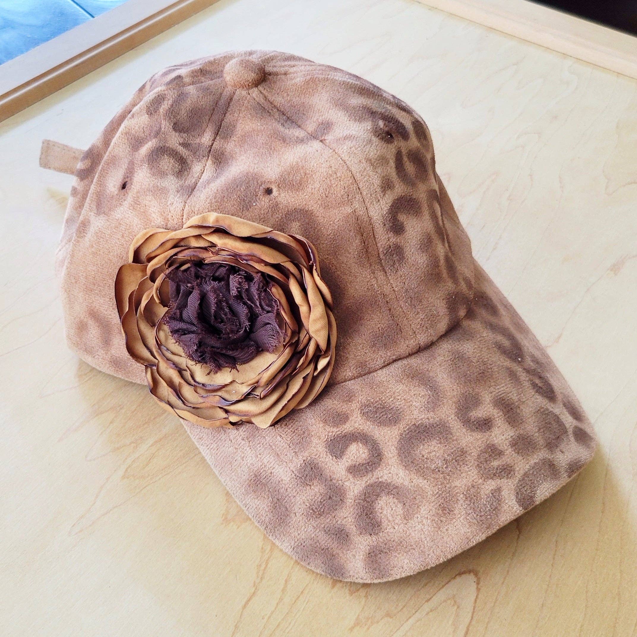 Hand-Painted Leopard Suede Baseball Cap w/ Flowers - The Jewelry Junkie