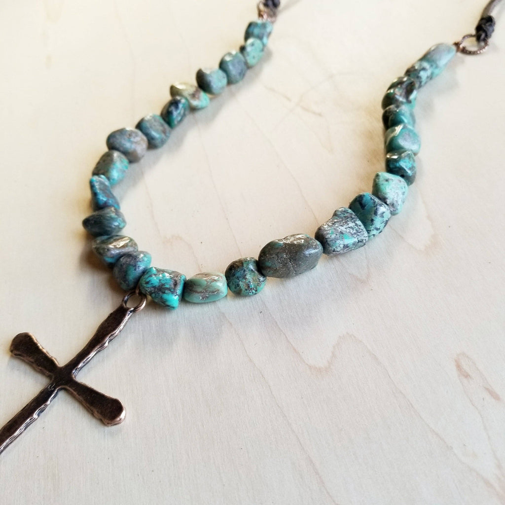 Natural Turquoise Beaded Necklace wi/ Copper Cross Pendant - The Jewelry Junkie