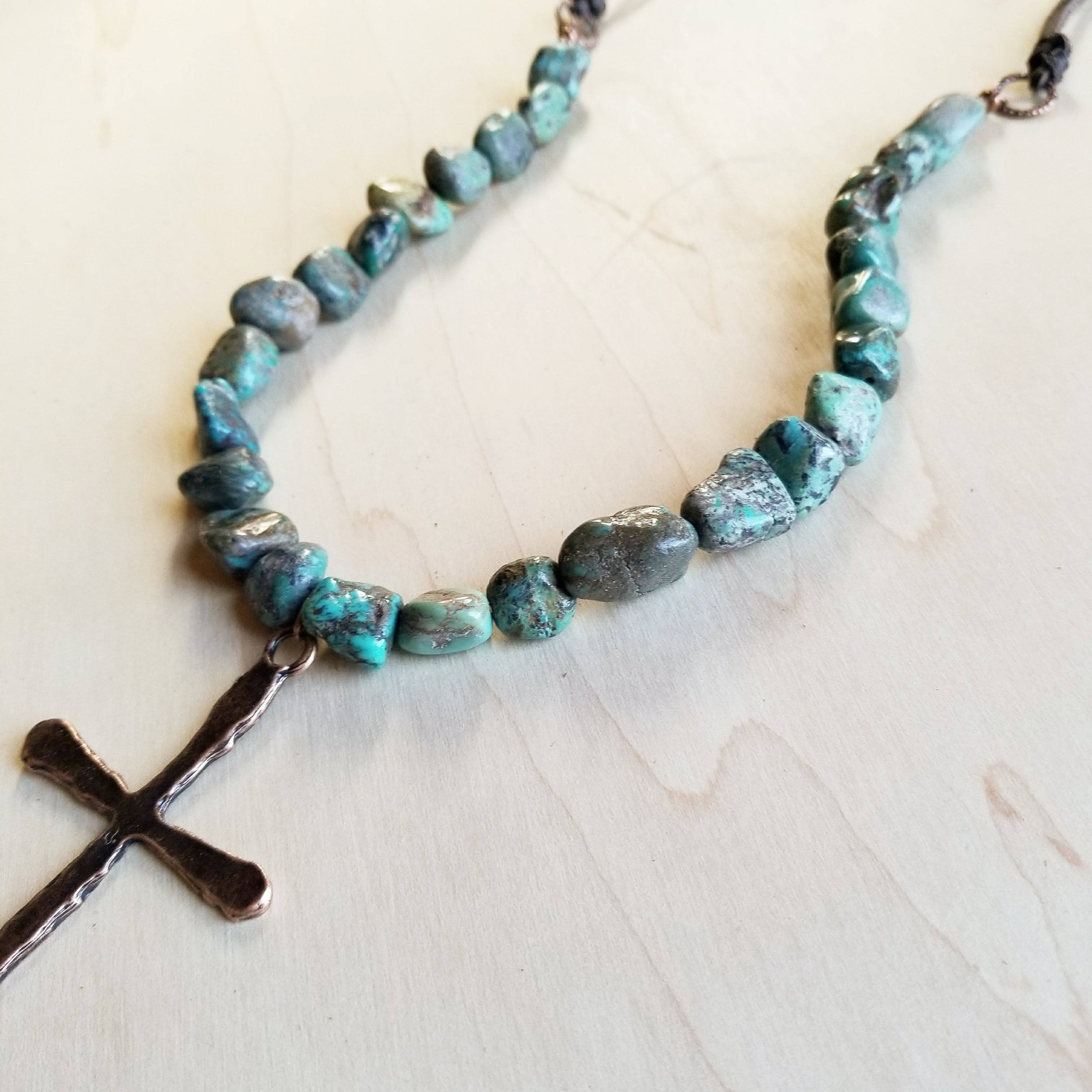 Natural Turquoise Beaded Necklace wi/ Copper Cross Pendant - The Jewelry Junkie