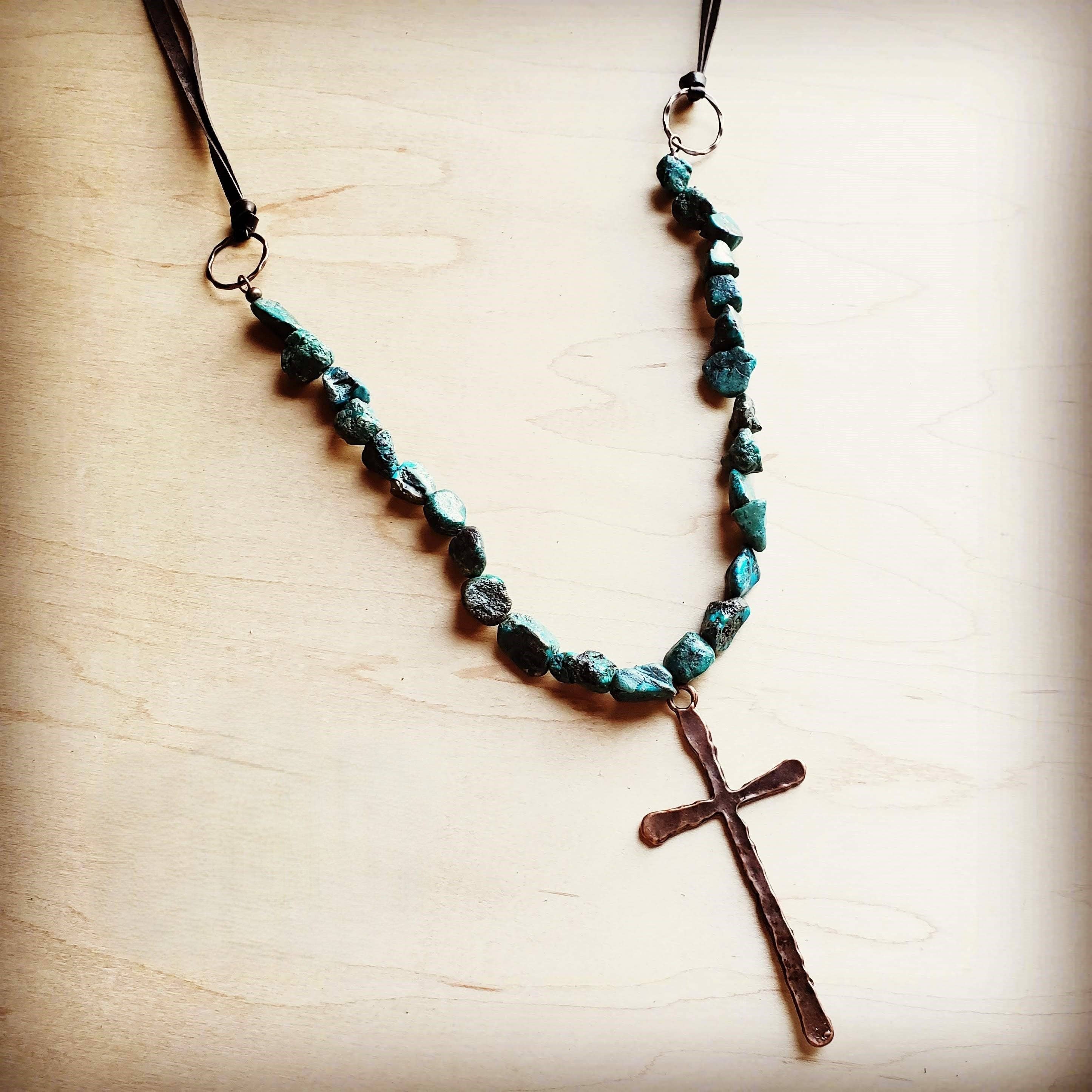 Natural Turquoise Beaded Necklace wi/ Copper Cross Pendant - The Jewelry Junkie