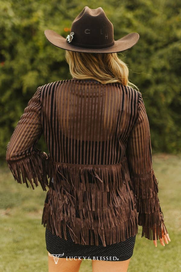 Brown Lazer Cut Fringe Leather Mesh Tier Jacket